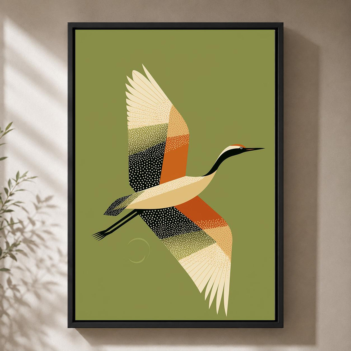 Mid Century Crane Framed Canvas, Olive Green Japanese Bird Artwork, Minimalist Retro Decor by The Wall Art Studio - physical
