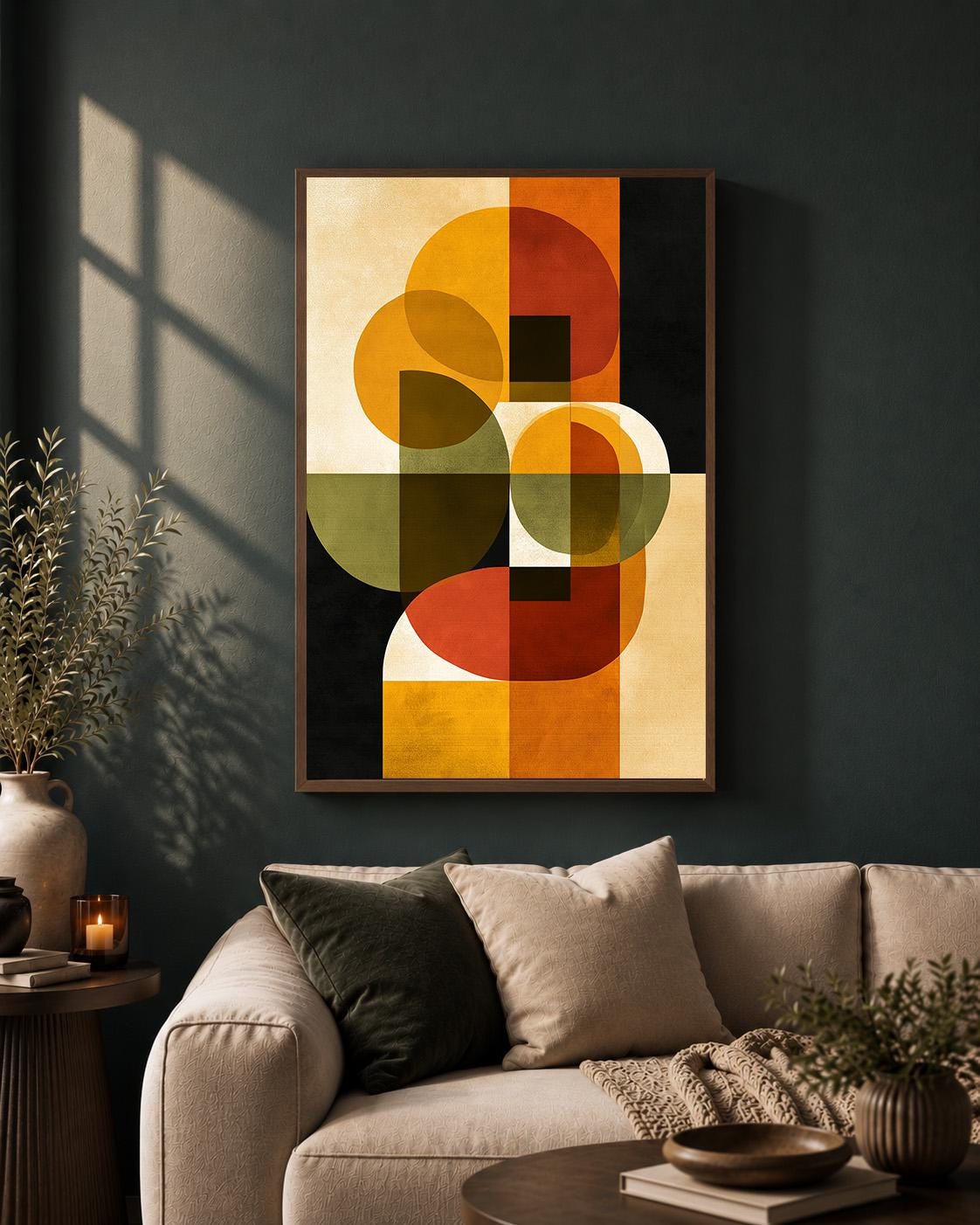Mid Century Modern Abstract Framed Canvas Art, Retro Geometric Print, Burnt Orange Minimalist Decor by The Wall Art Studio...