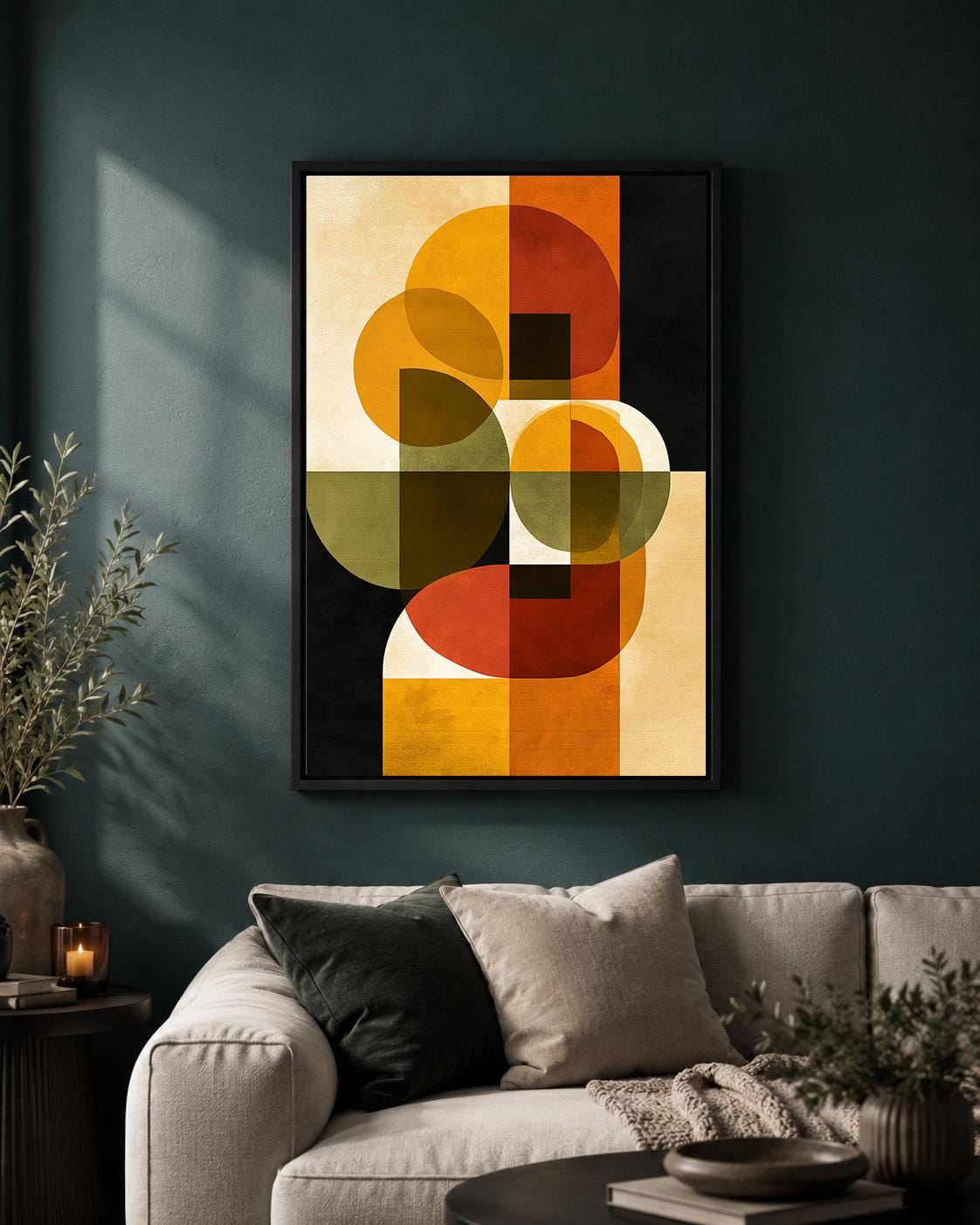 Mid Century Modern Abstract Framed Canvas Art, Retro Geometric Print, Burnt Orange Minimalist Decor by The Wall Art Studio...
