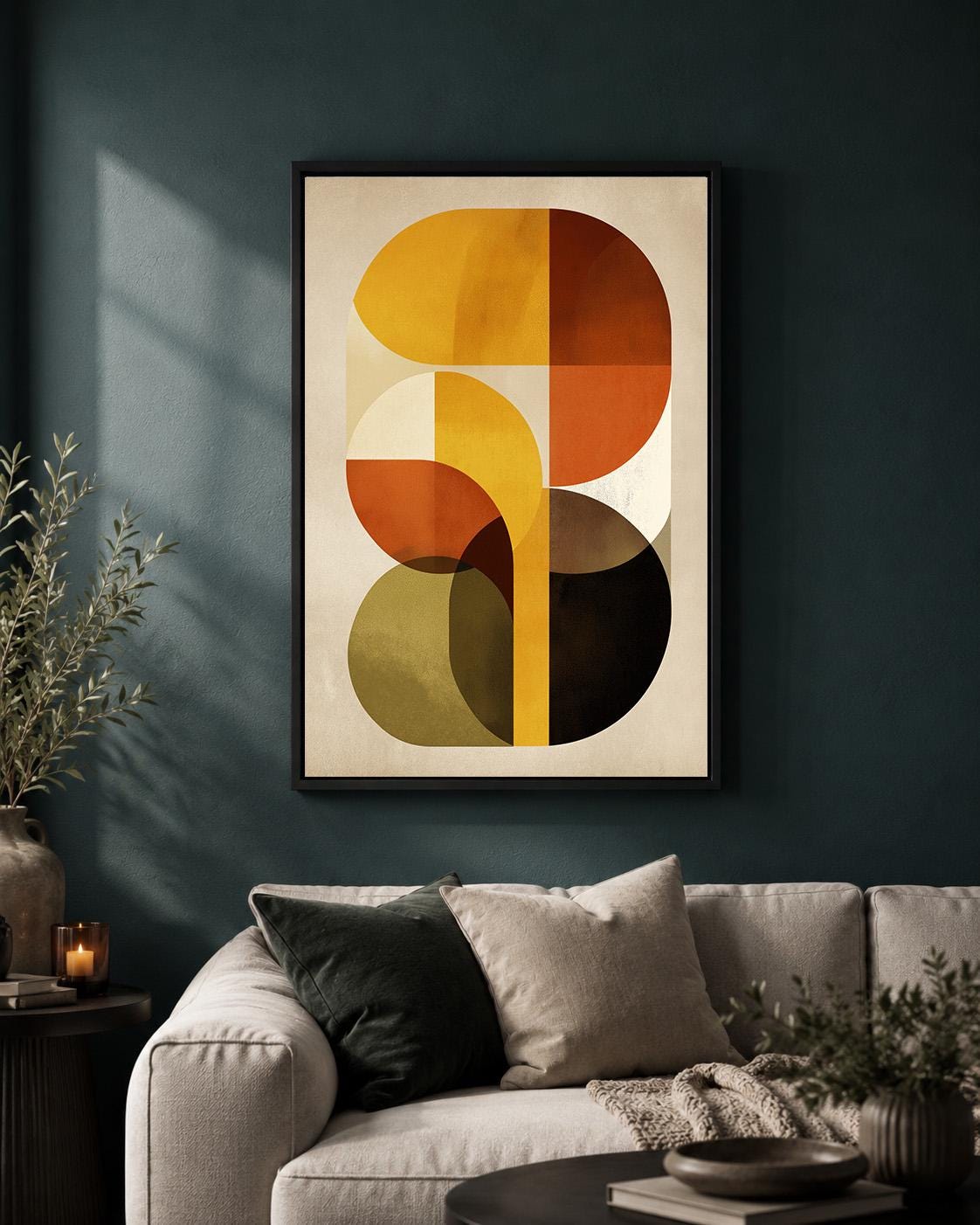 Mid Century Modern Abstract Framed Canvas Art, Retro Geometric Print, Boho Living Room Decor by The Wall Art Studio - phys...