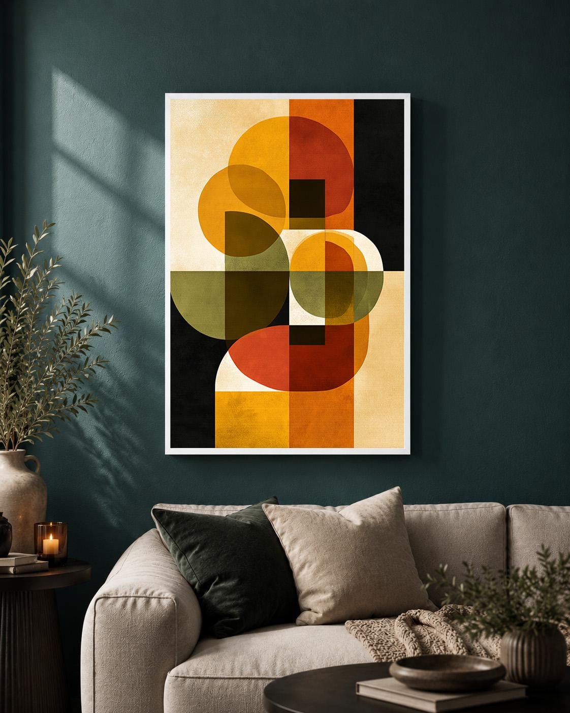 Mid Century Modern Abstract Framed Canvas Art, Retro Geometric Print, Burnt Orange Minimalist Decor by The Wall Art Studio...