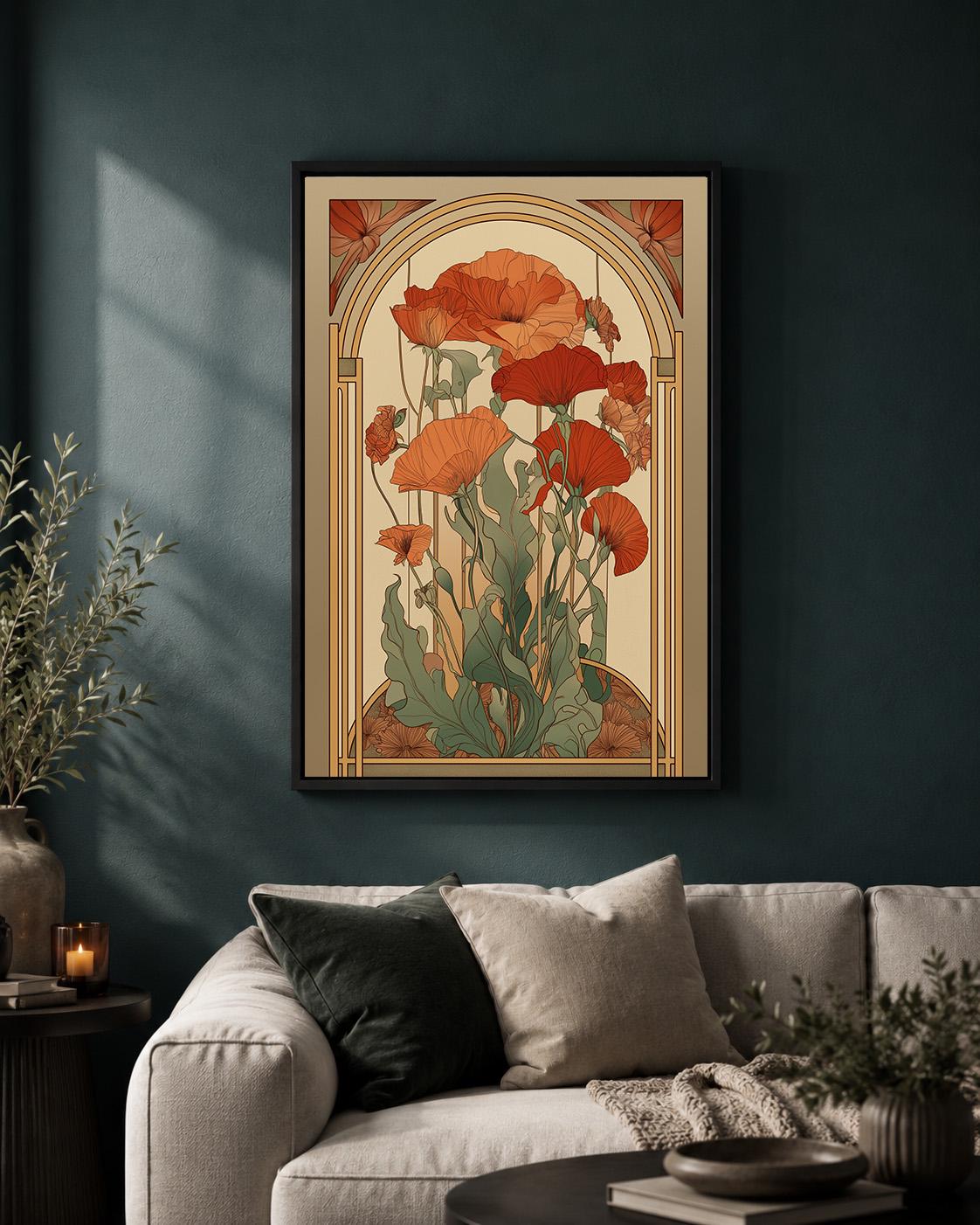 Mid Century Modern Botanical Arch Framed Canvas, Terracotta Floral Canvas Wall Art by The Wall Art Studio - physical