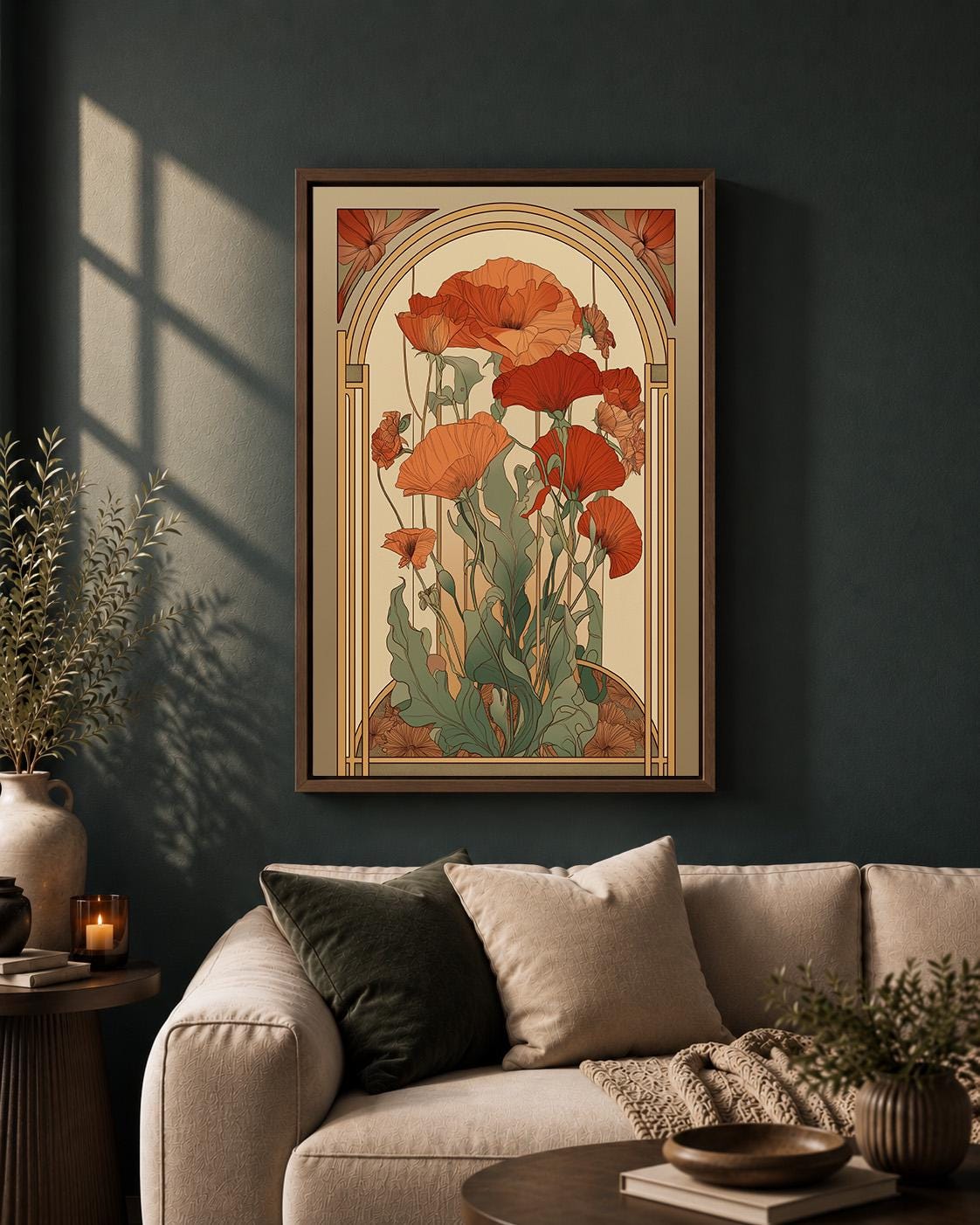 Mid Century Modern Botanical Arch Framed Canvas, Terracotta Floral Canvas Wall Art by The Wall Art Studio - physical