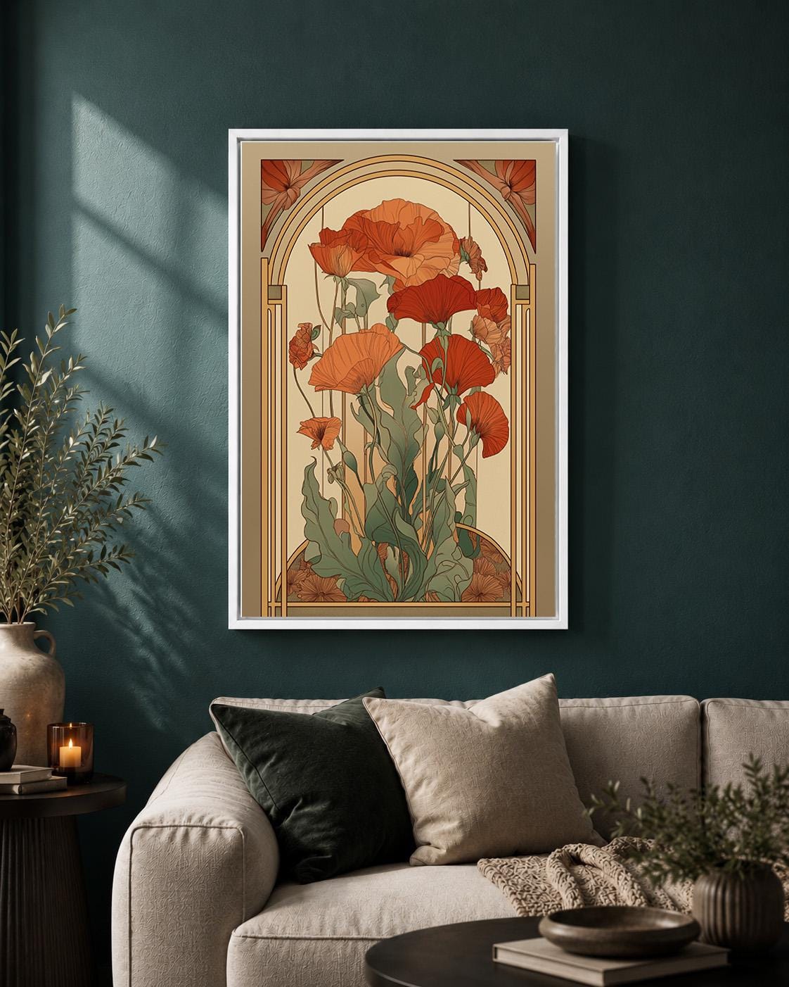 Mid Century Modern Botanical Arch Framed Canvas, Terracotta Floral Canvas Wall Art by The Wall Art Studio - physical