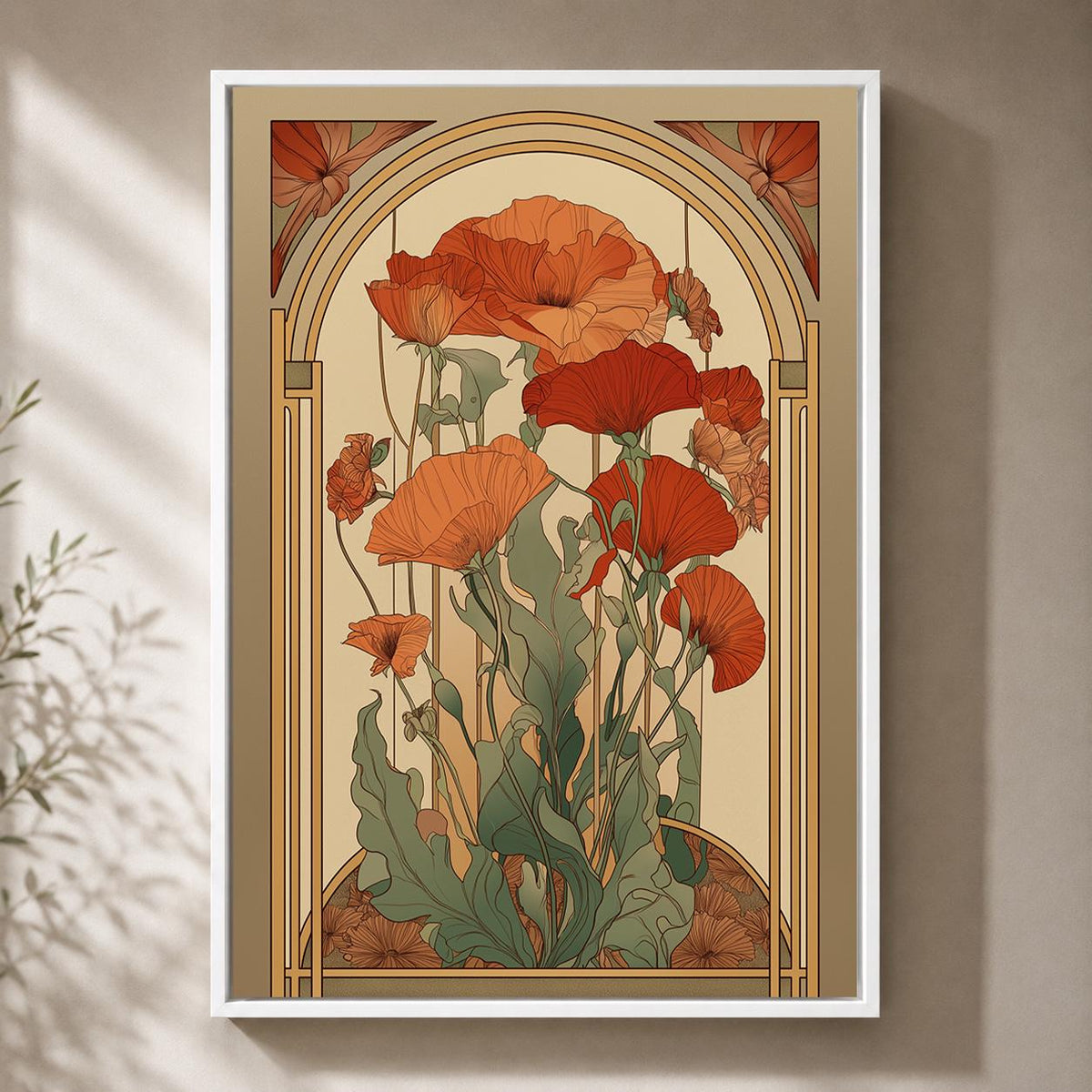 Mid Century Modern Botanical Arch Framed Canvas, Terracotta Floral Canvas Wall Art by The Wall Art Studio - physical