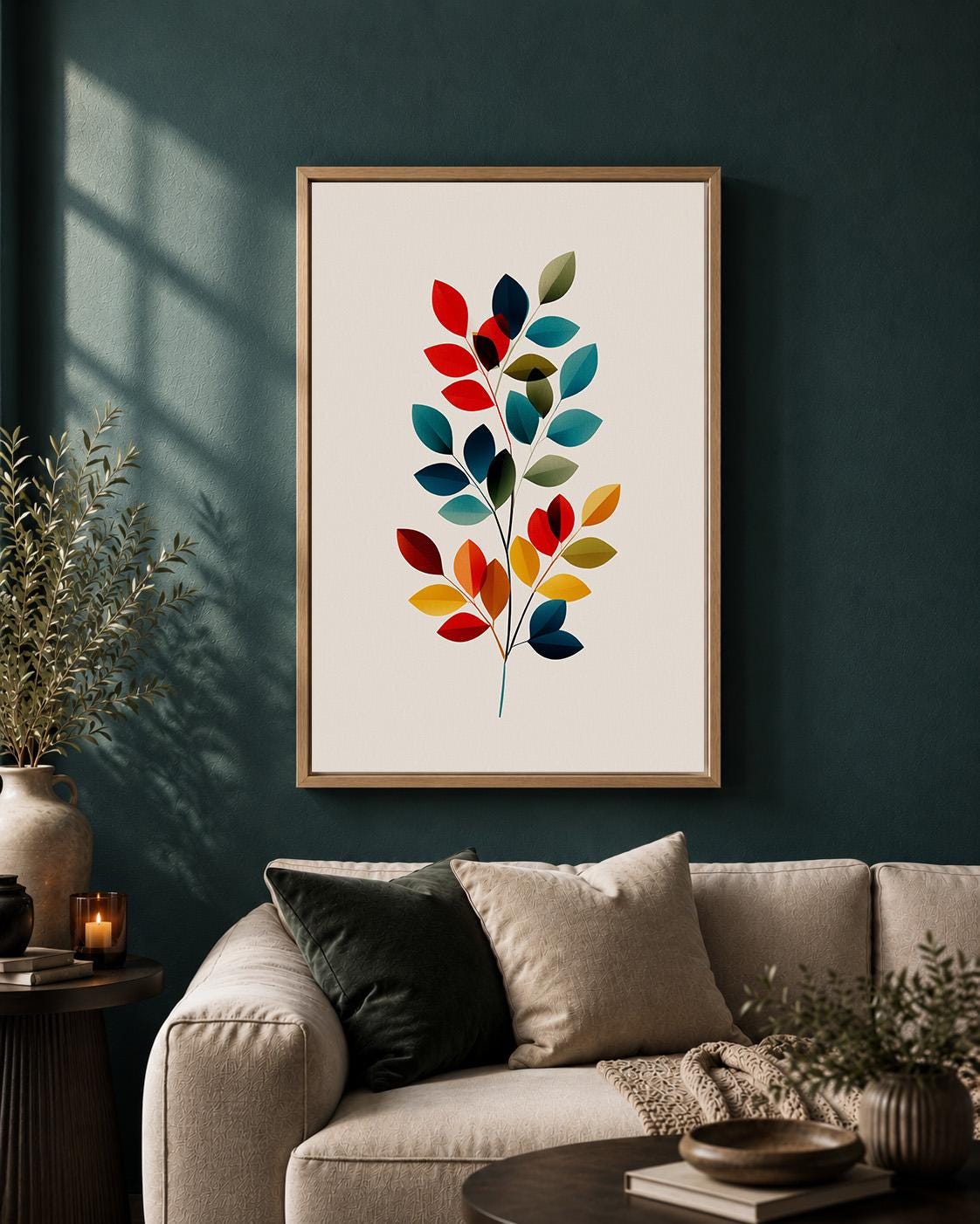 Mid Century Modern Botanical Framed Canvas Art, Colorful Abstract Leaf Print, Scandinavian Home Decor by The Wall Art Stud...