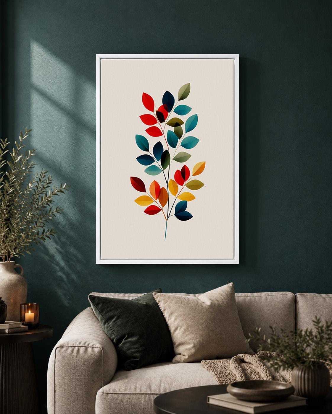 Mid Century Modern Botanical Framed Canvas Art, Colorful Abstract Leaf Print, Scandinavian Home Decor by The Wall Art Stud...