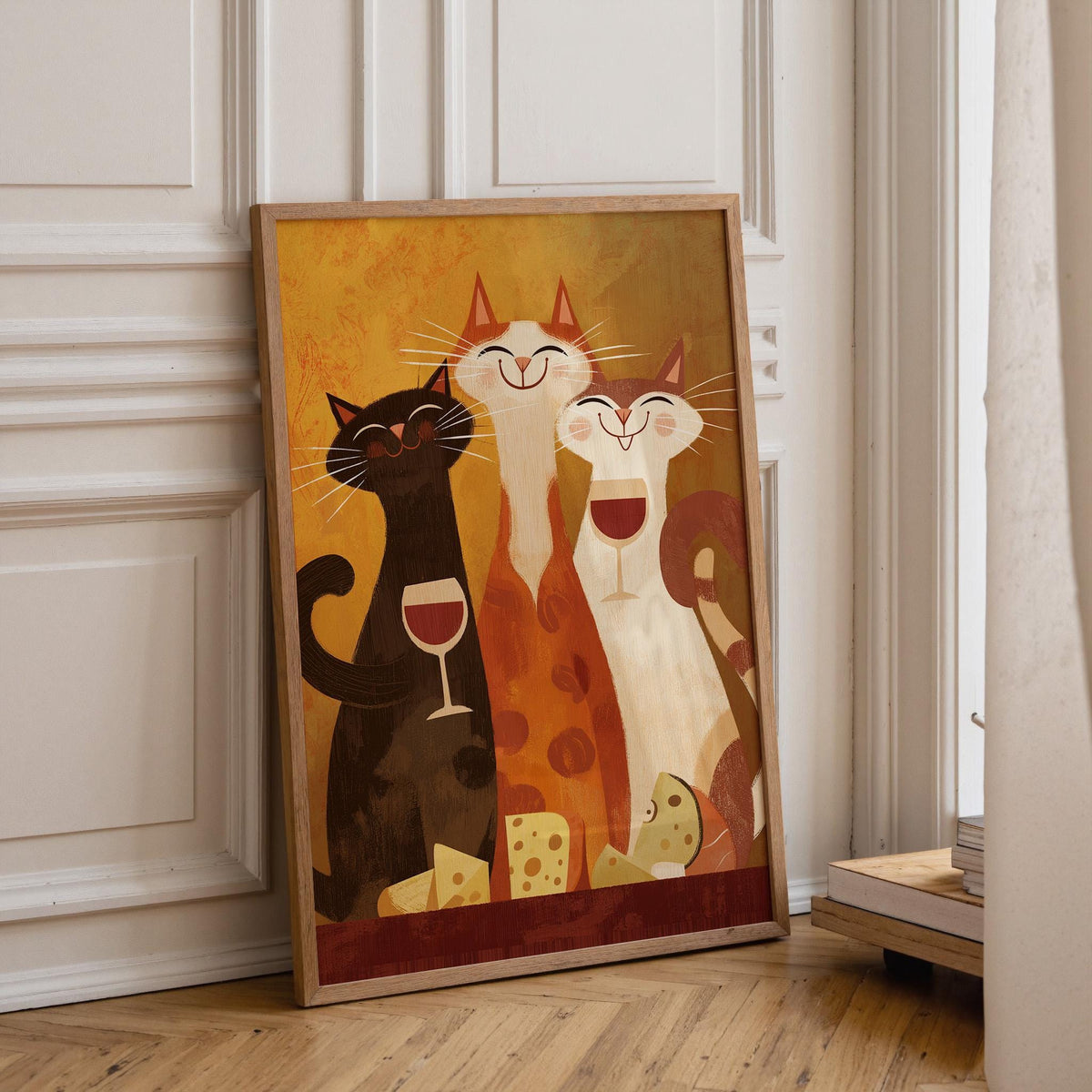 Mid Century Modern Cat Art Print | Retro Cats Drinking Wine Poster | Vintage Cat Wall Art | Colourful Abstract Feline Illu...