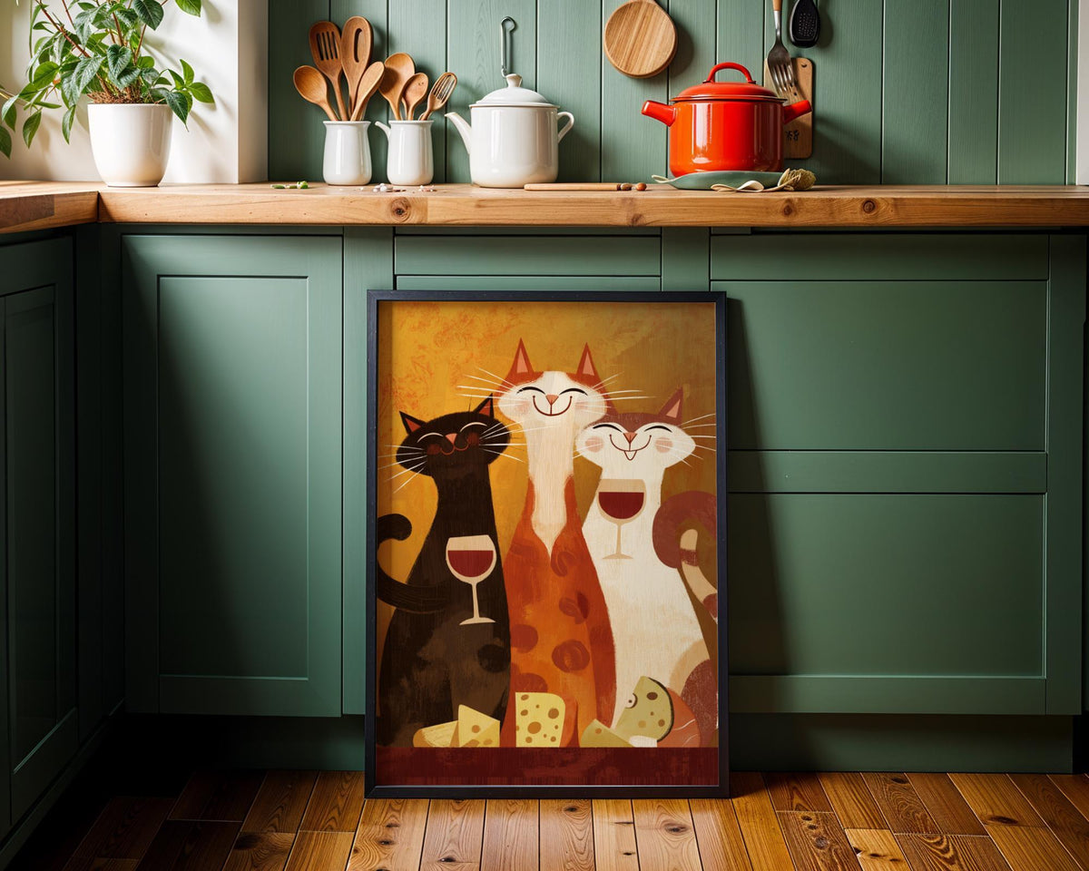 Mid Century Modern Cat Art Print | Retro Cats Drinking Wine Poster | Vintage Cat Wall Art | Colourful Abstract Feline Illu...