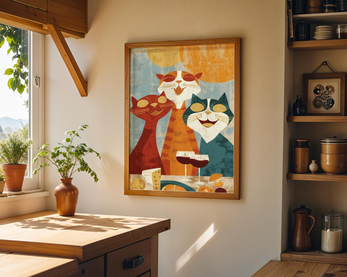 Mid Century Modern Cat Art Print | Retro Cats Drinking Wine Poster | Vintage Cat Wall Art | Colourful Abstract Feline Illu...