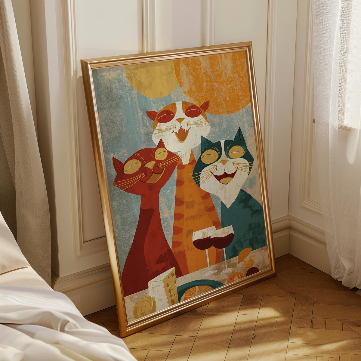 Mid Century Modern Cat Art Print | Retro Cats Drinking Wine Poster | Vintage Cat Wall Art | Colourful Abstract Feline Illu...