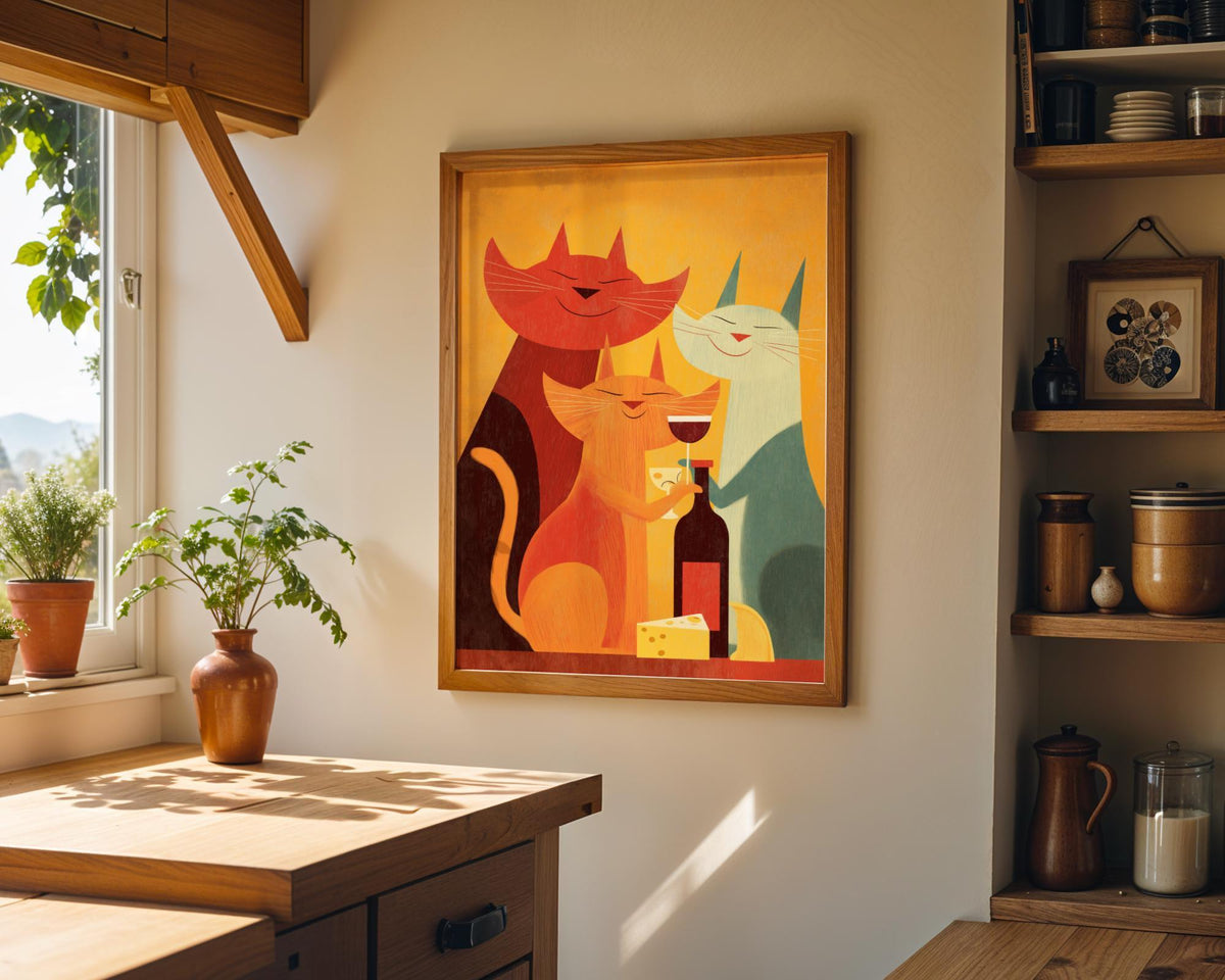 Mid Century Modern Cat Art Print | Retro Cats Drinking Wine Poster | Vintage Cat Wall Art | Colourful Abstract Feline Illu...