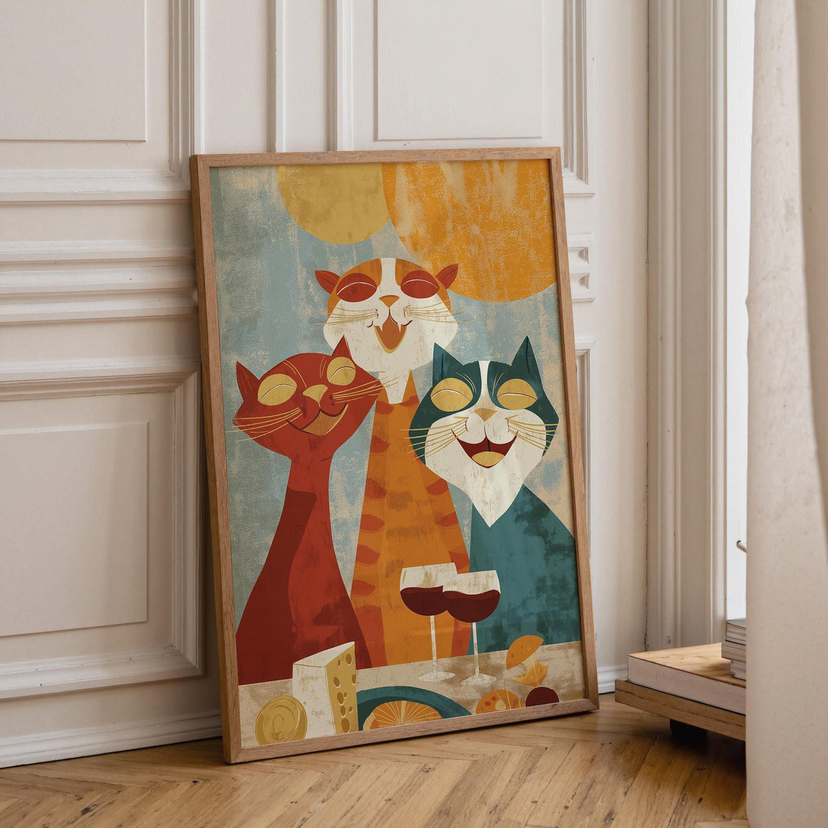 Mid Century Modern Cat Art Print | Retro Cats Drinking Wine Poster | Vintage Cat Wall Art | Colourful Abstract Feline Illu...