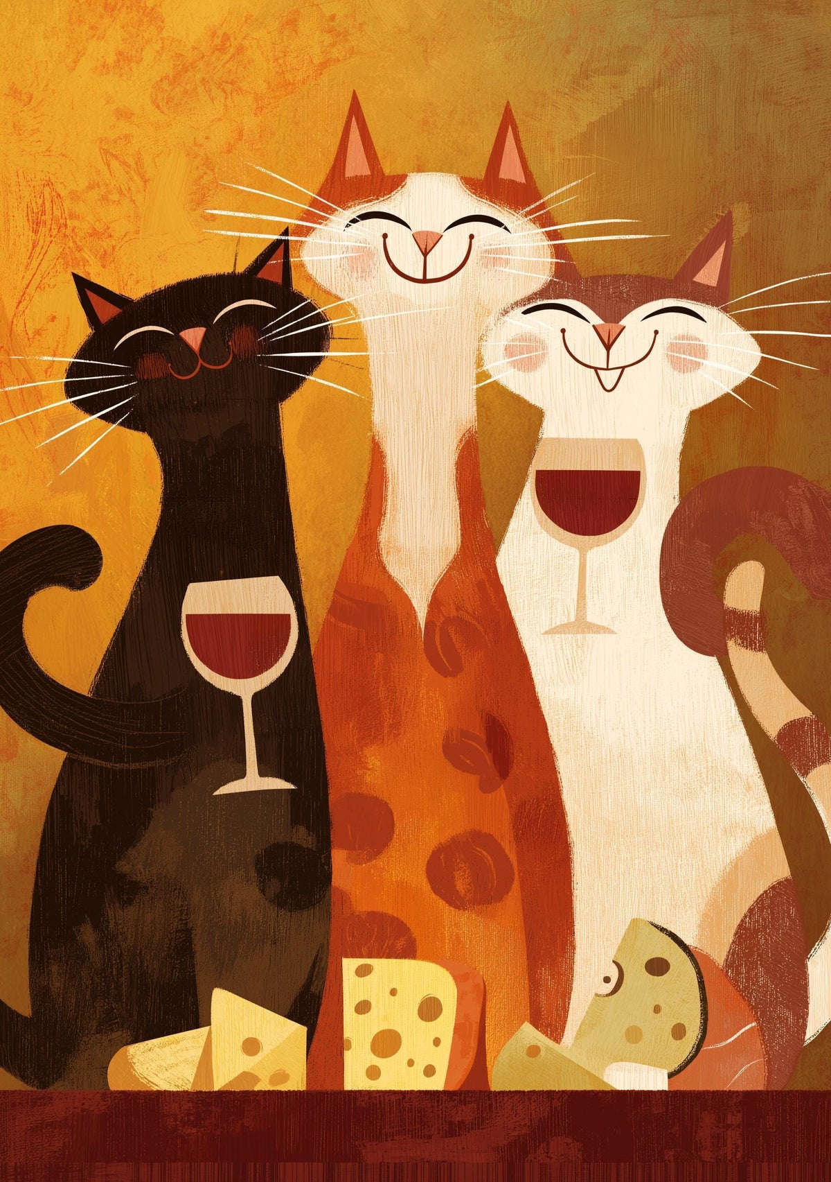 Mid Century Modern Cat Art Print | Retro Cats Drinking Wine Poster | Vintage Cat Wall Art | Colourful Abstract Feline Illu...
