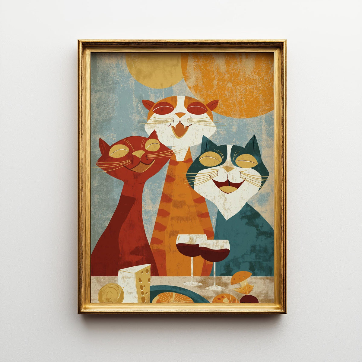Mid Century Modern Cat Art Print | Retro Cats Drinking Wine Poster | Vintage Cat Wall Art | Colourful Abstract Feline Illu...