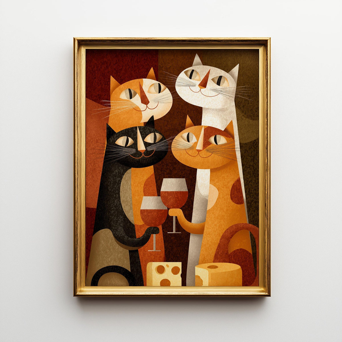 Mid Century Modern Cat Art Print | Retro Cats Drinking Wine Poster | Vintage Cat Wall Art | Colourful Abstract Feline Illu...