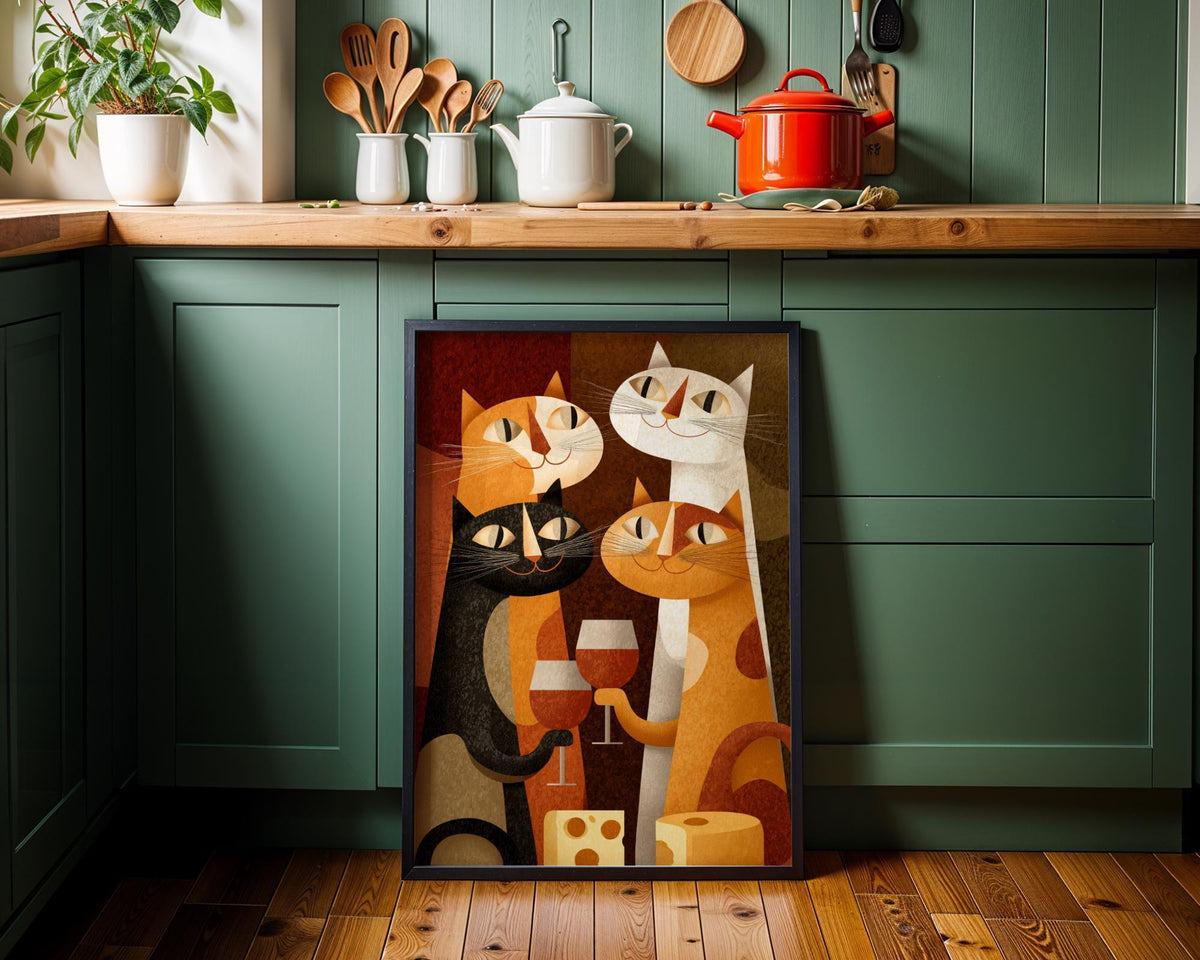 Mid Century Modern Cat Art Print | Retro Cats Drinking Wine Poster | Vintage Cat Wall Art | Colourful Abstract Feline Illu...