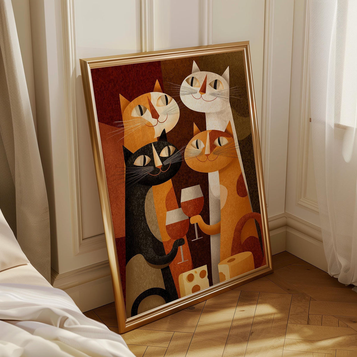 Mid Century Modern Cat Art Print | Retro Cats Drinking Wine Poster | Vintage Cat Wall Art | Colourful Abstract Feline Illu...
