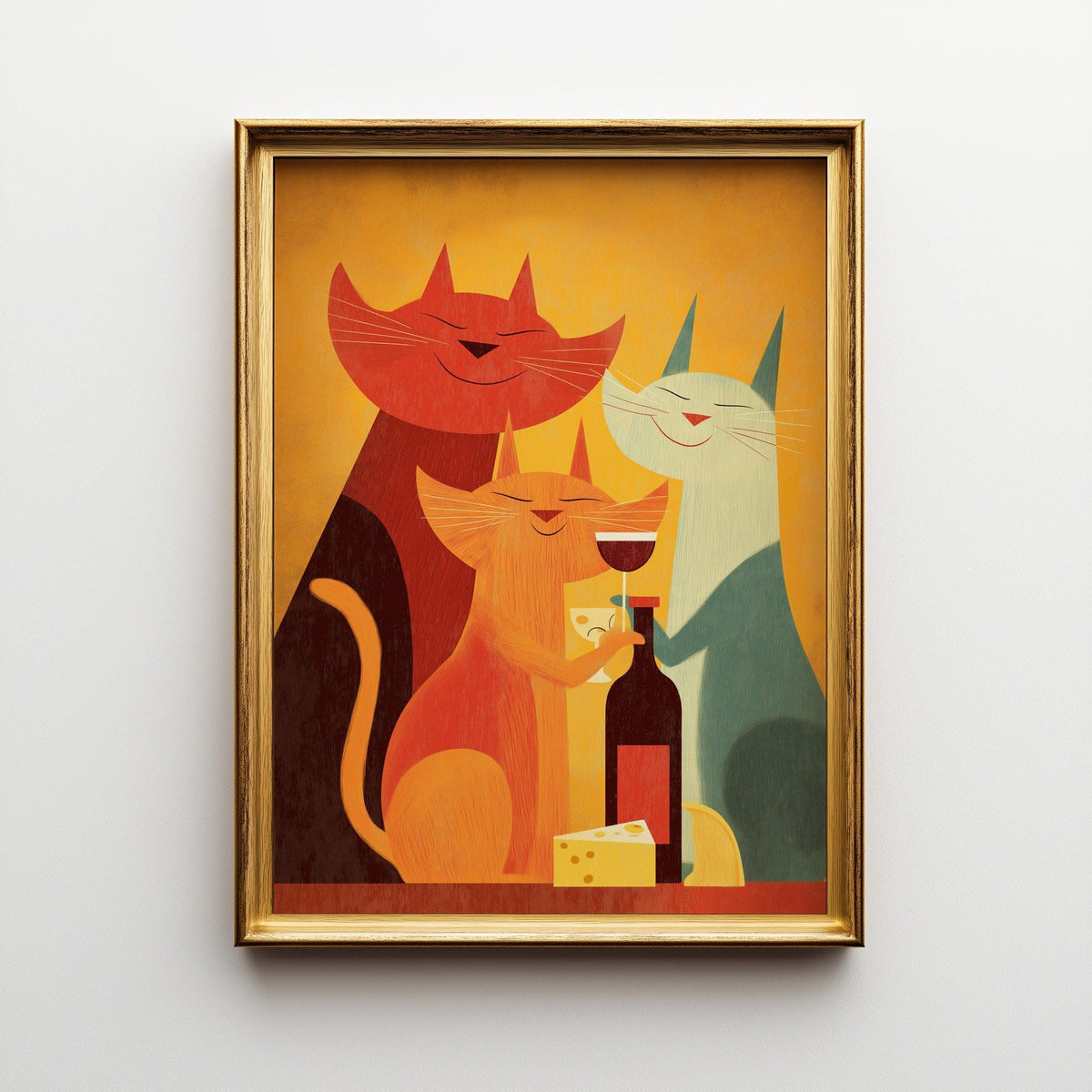 Mid Century Modern Cat Art Print | Retro Cats Drinking Wine Poster | Vintage Cat Wall Art | Colourful Abstract Feline Illu...