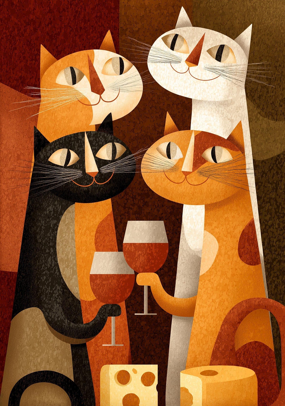 Mid Century Modern Cat Art Print | Retro Cats Drinking Wine Poster | Vintage Cat Wall Art | Colourful Abstract Feline Illu...