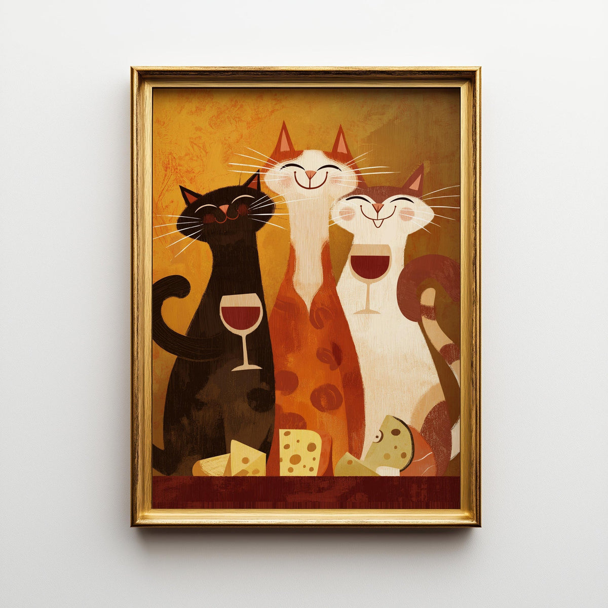 Mid Century Modern Cat Art Print | Retro Cats Drinking Wine Poster | Vintage Cat Wall Art | Colourful Abstract Feline Illu...