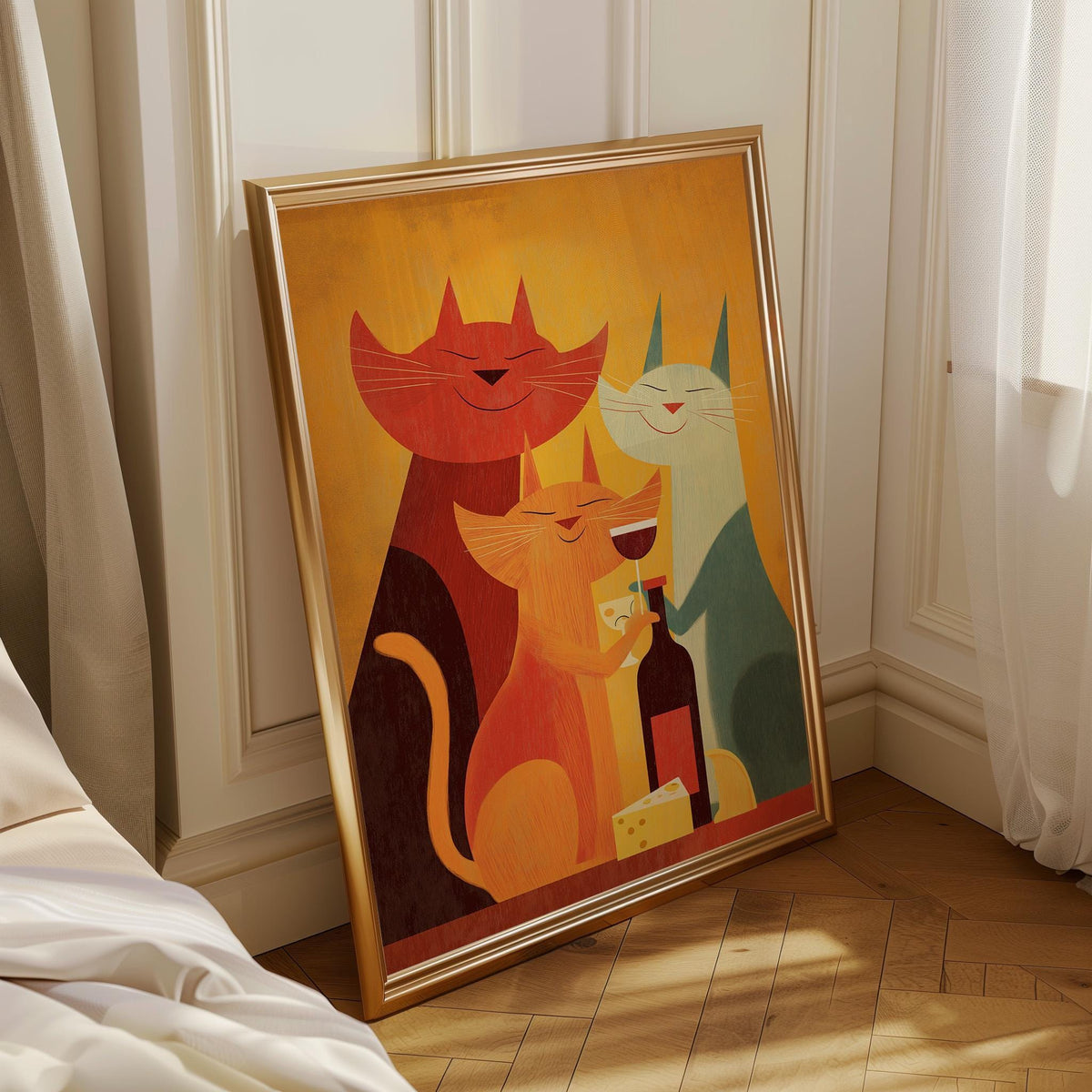 Mid Century Modern Cat Art Print | Retro Cats Drinking Wine Poster | Vintage Cat Wall Art | Colourful Abstract Feline Illu...