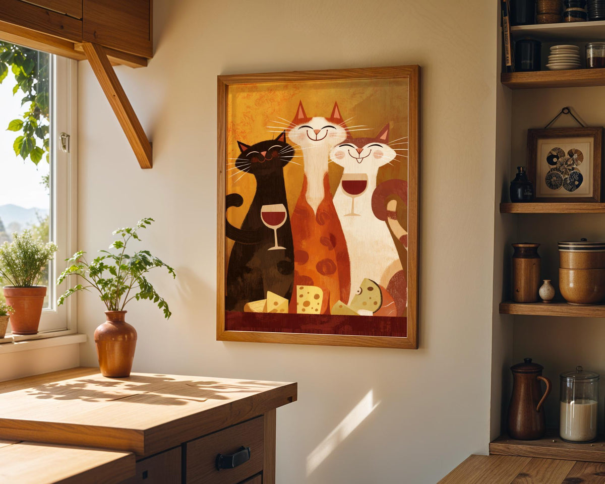 Mid Century Modern Cat Art Print | Retro Cats Drinking Wine Poster | Vintage Cat Wall Art | Colourful Abstract Feline Illu...
