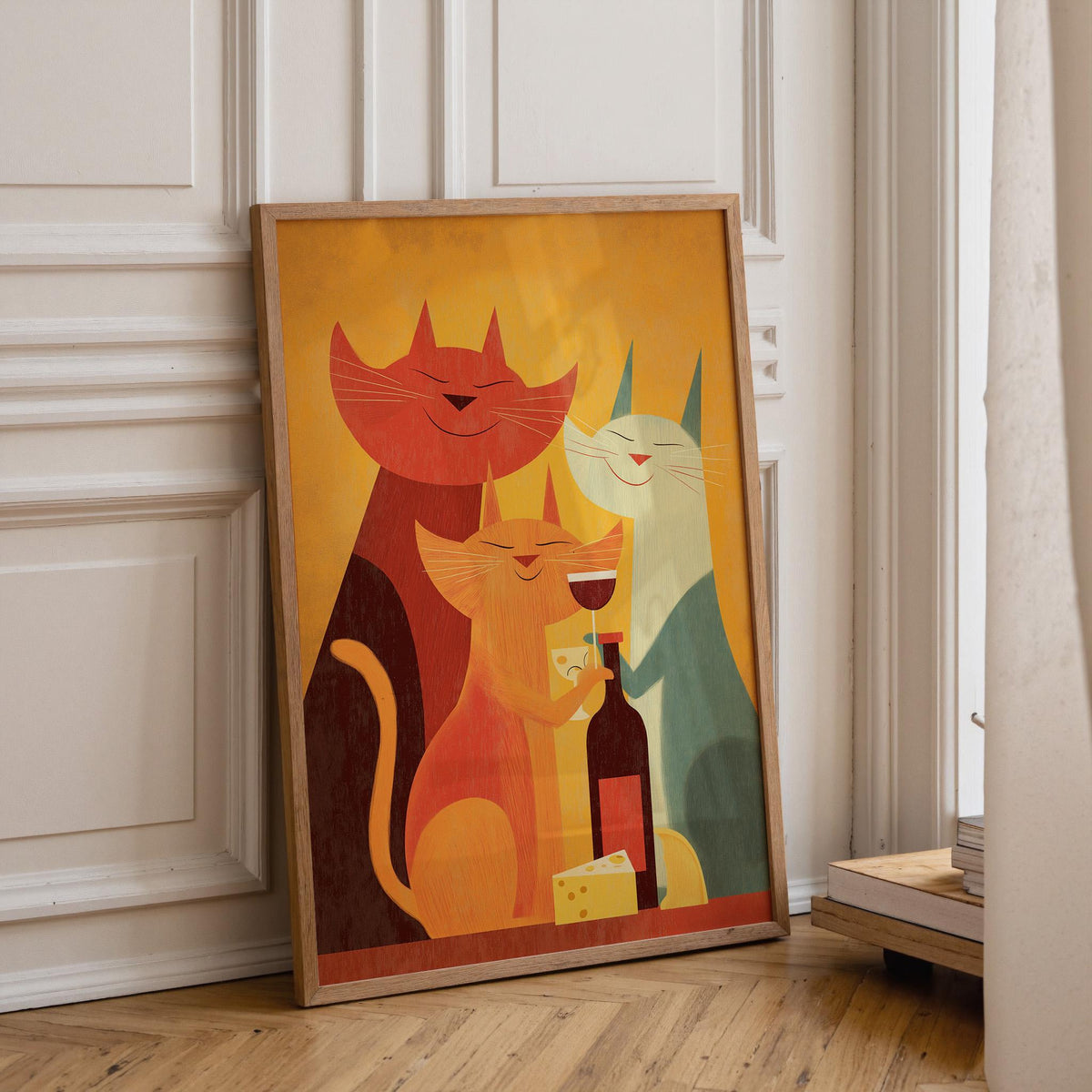 Mid Century Modern Cat Art Print | Retro Cats Drinking Wine Poster | Vintage Cat Wall Art | Colourful Abstract Feline Illu...