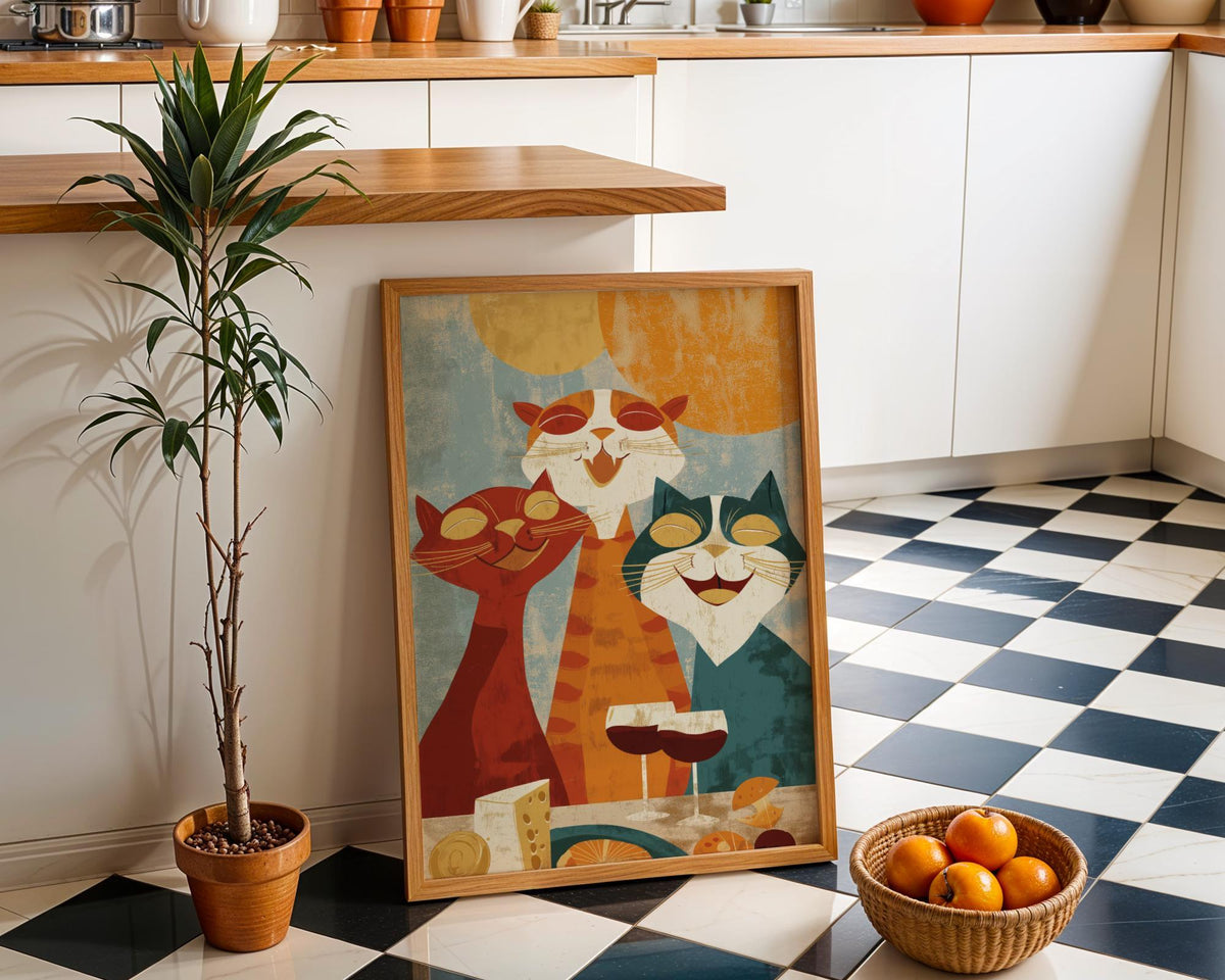 Mid Century Modern Cat Art Print | Retro Cats Drinking Wine Poster | Vintage Cat Wall Art | Colourful Abstract Feline Illu...