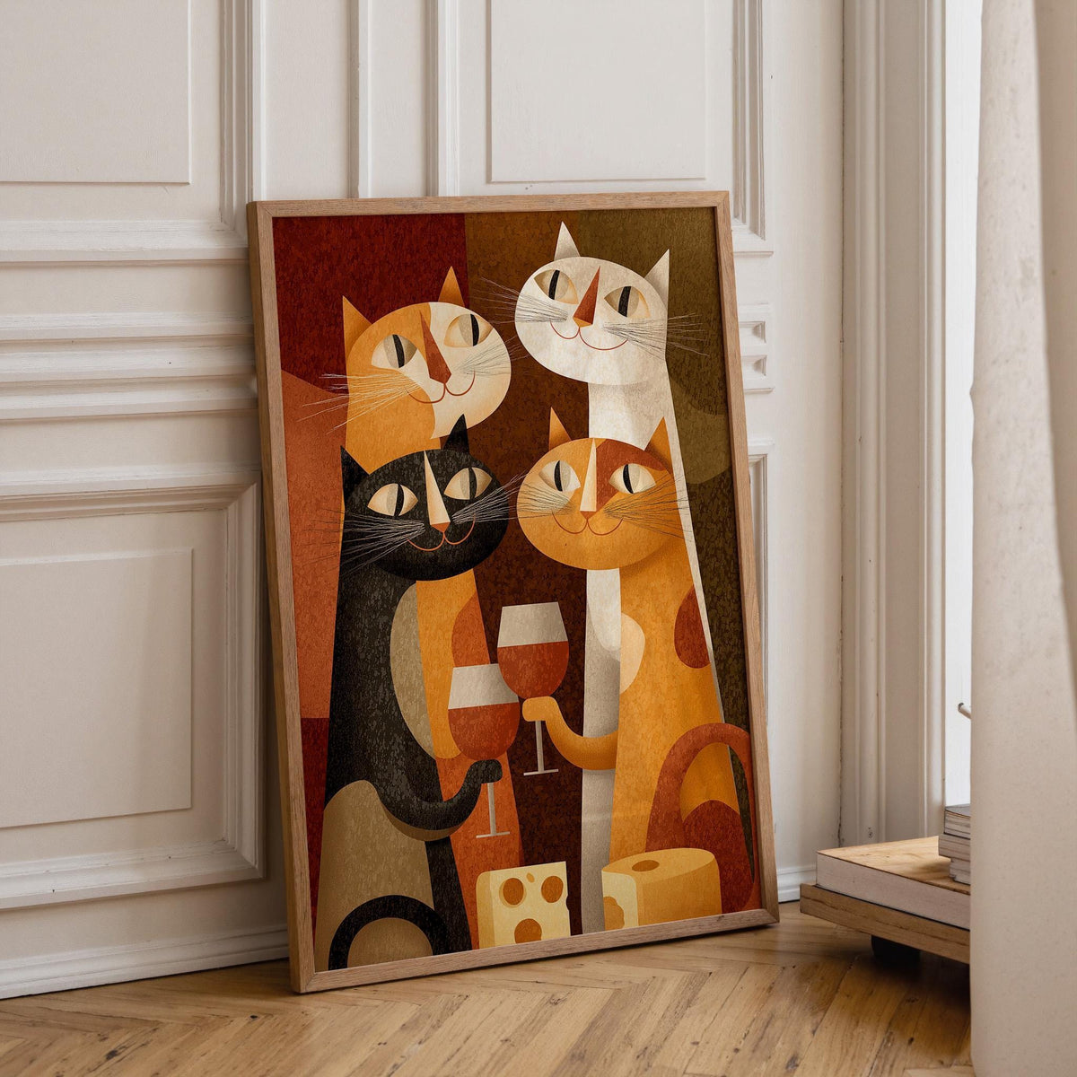 Mid Century Modern Cat Art Print | Retro Cats Drinking Wine Poster | Vintage Cat Wall Art | Colourful Abstract Feline Illu...