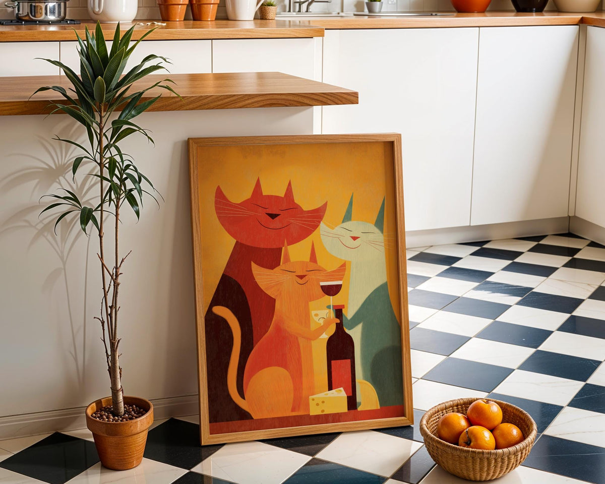 Mid Century Modern Cat Art Print | Retro Cats Drinking Wine Poster | Vintage Cat Wall Art | Colourful Abstract Feline Illu...