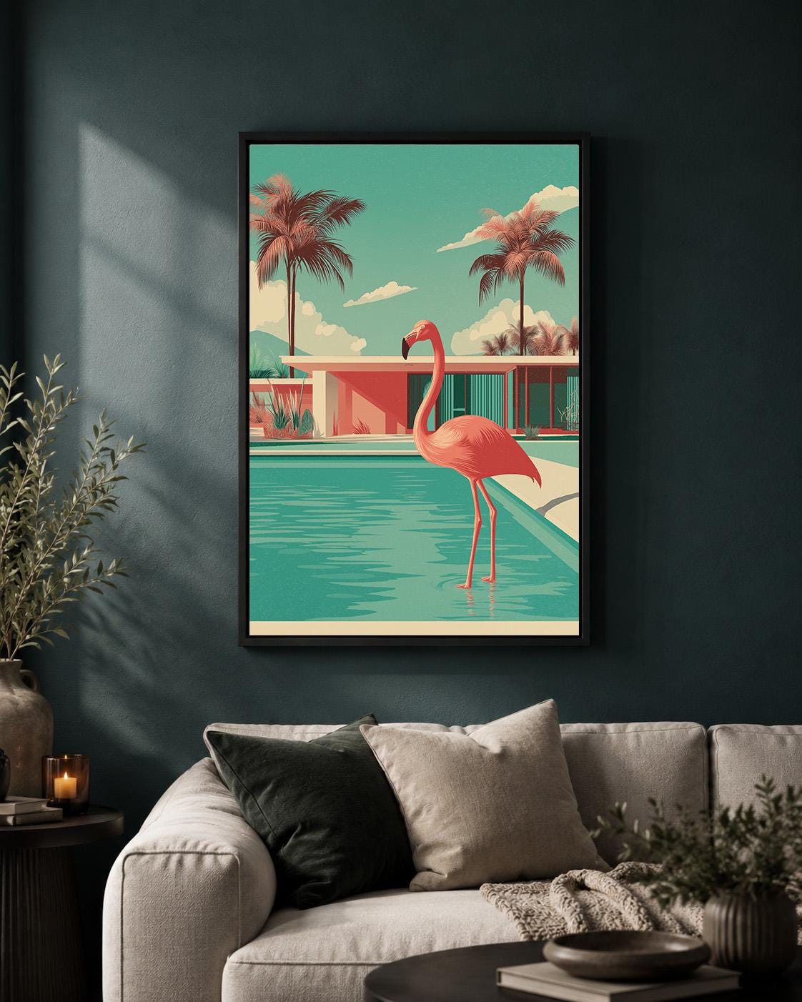 Mid Century Modern Flamingo Pool Framed Canvas Art, Retro Tropical Wall Decor by The Wall Art Studio - physical