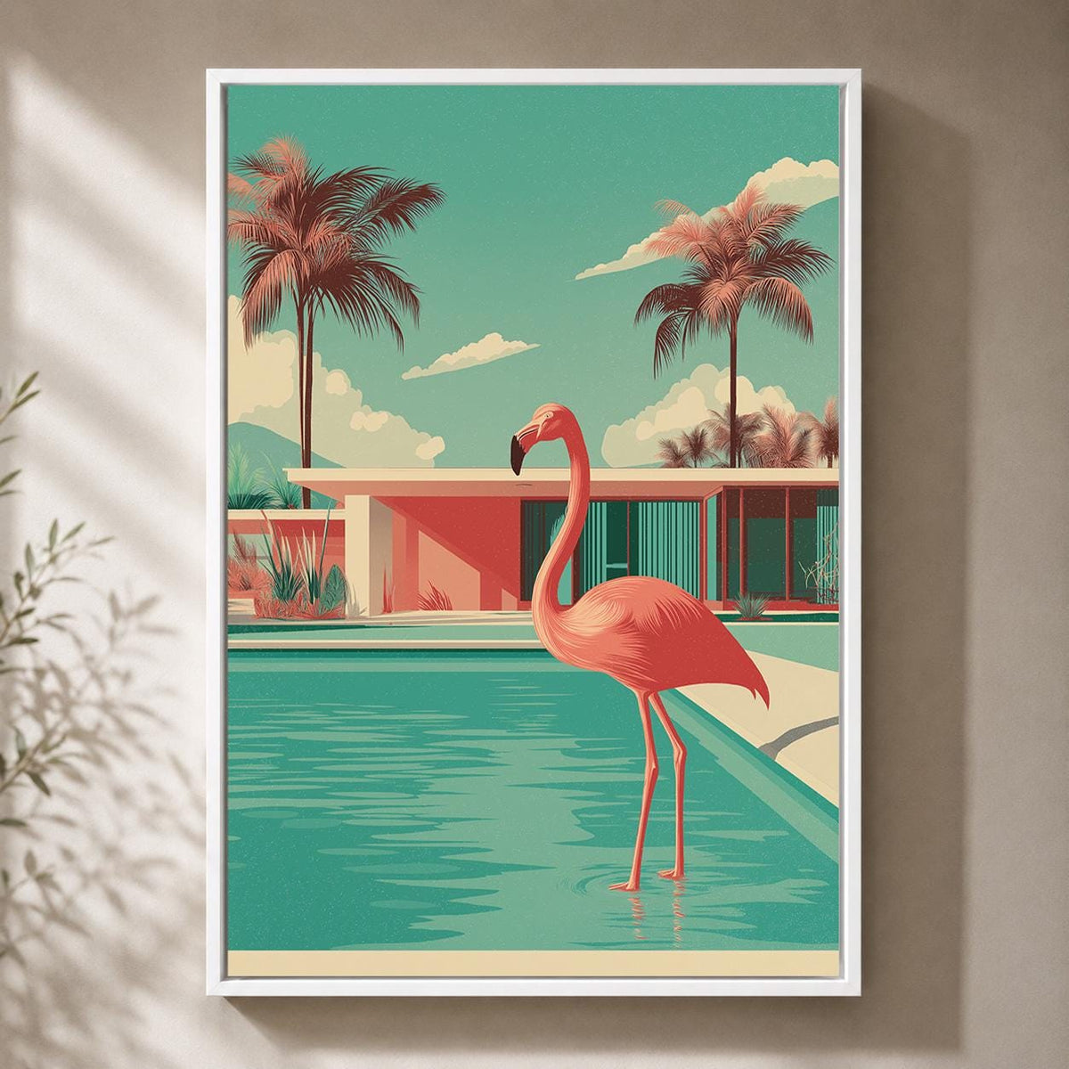 Mid Century Modern Flamingo Pool Framed Canvas Art, Retro Tropical Wall Decor by The Wall Art Studio - physical