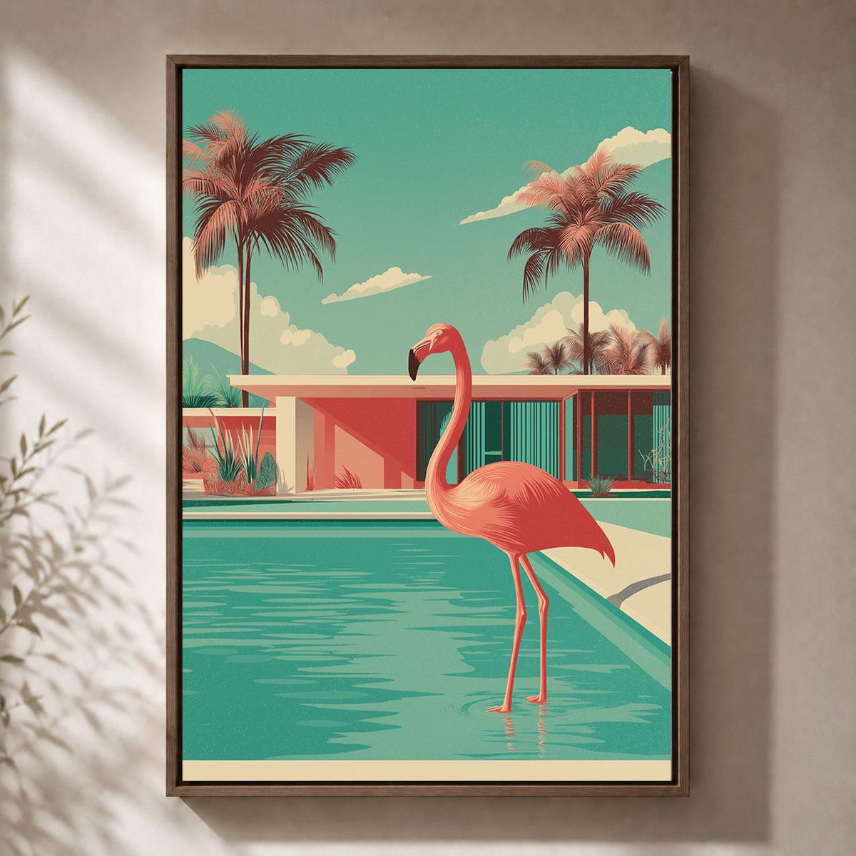 Mid Century Modern Flamingo Pool Framed Canvas Art, Retro Tropical Wall Decor by The Wall Art Studio - physical