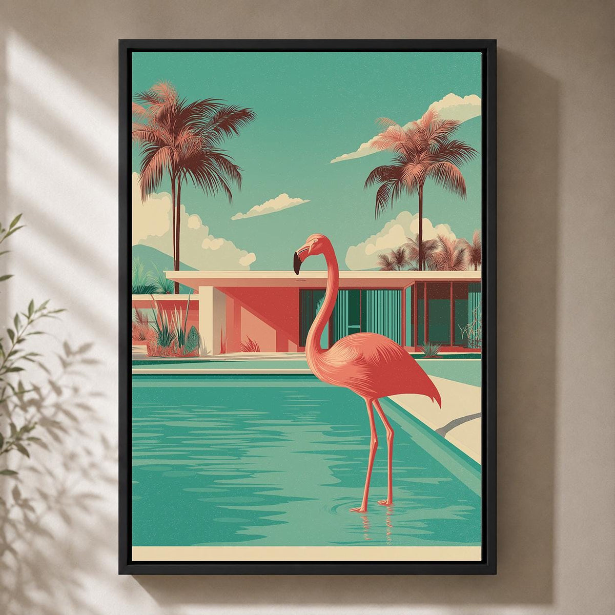 Mid Century Modern Flamingo Pool Framed Canvas Art, Retro Tropical Wall Decor by The Wall Art Studio - physical