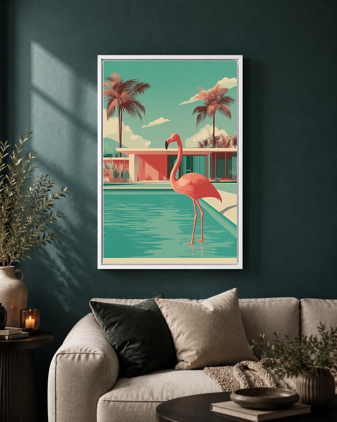 Mid Century Modern Flamingo Pool Framed Canvas Art, Retro Tropical Wall Decor by The Wall Art Studio - physical