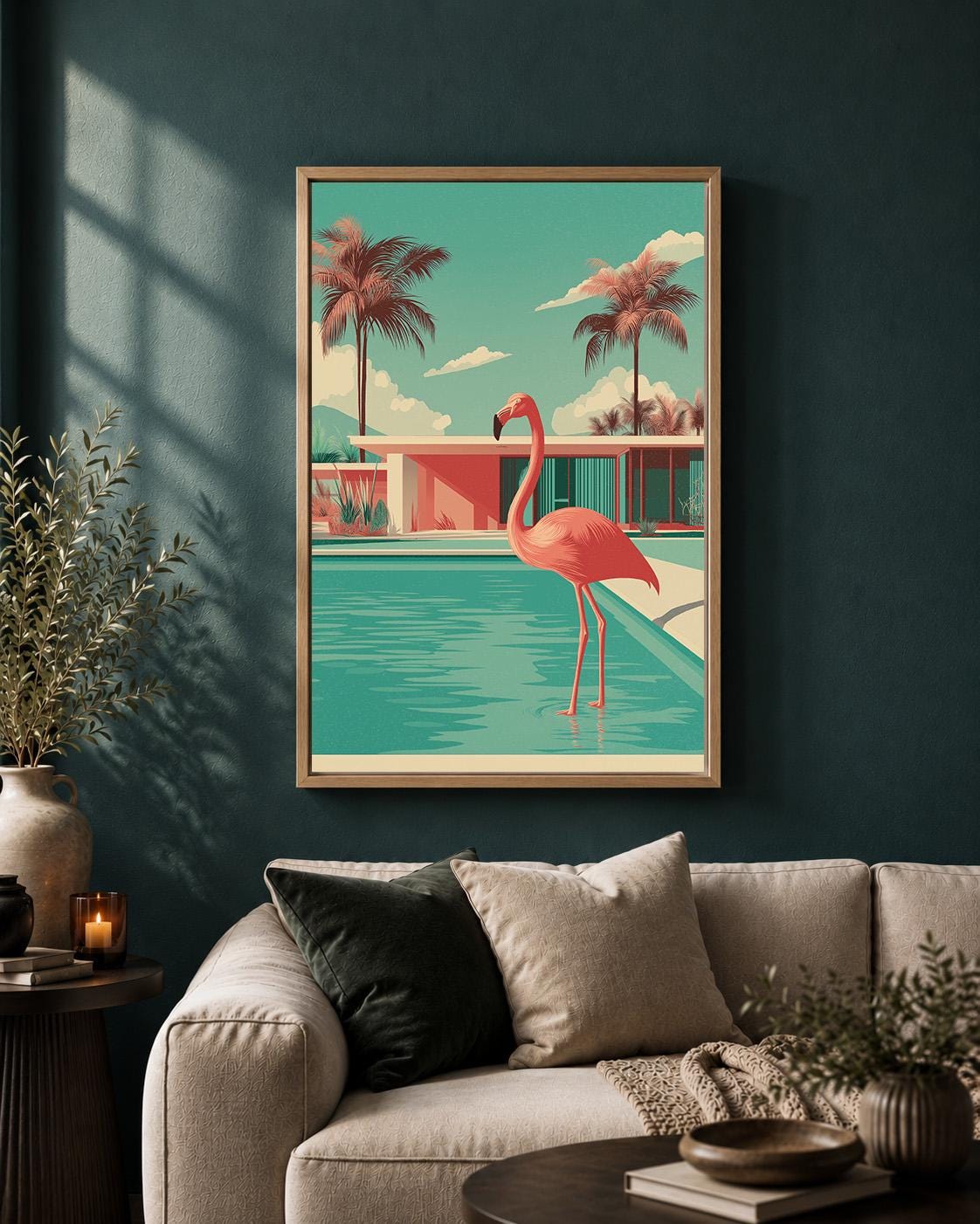 Mid Century Modern Flamingo Pool Framed Canvas Art, Retro Tropical Wall Decor by The Wall Art Studio - physical