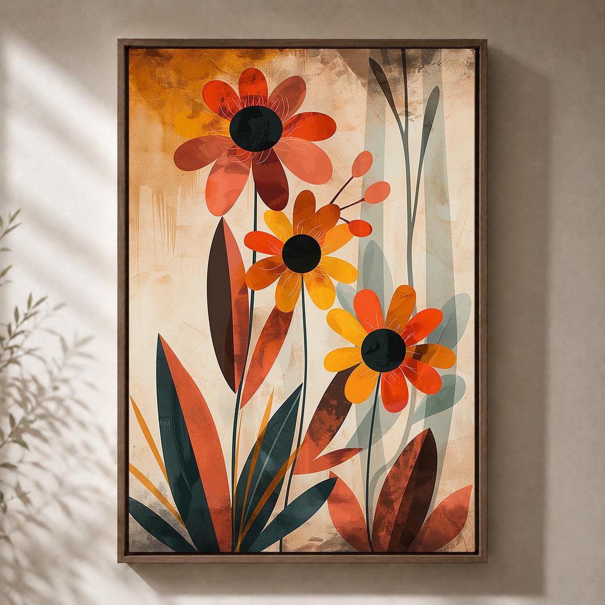 Mid Century Modern Floral Framed Canvas Art, Retro Botanical Framed Decor, Orange Flower Print by The Wall Art Studio - ph...