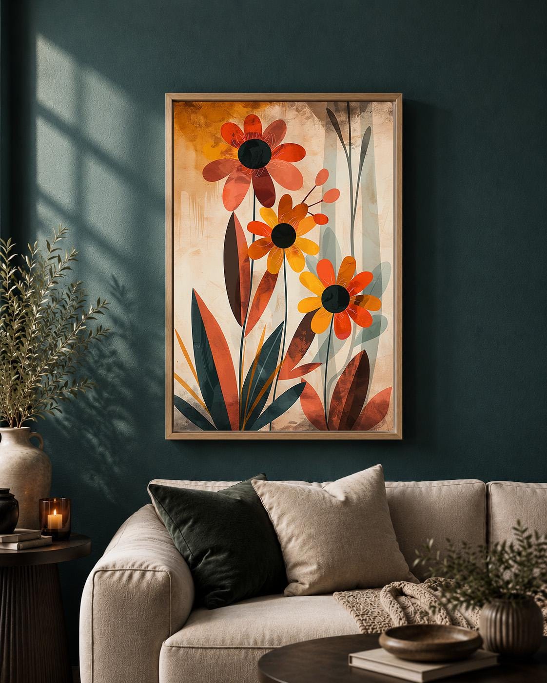 Mid Century Modern Floral Framed Canvas Art, Retro Botanical Framed Decor, Orange Flower Print by The Wall Art Studio - ph...