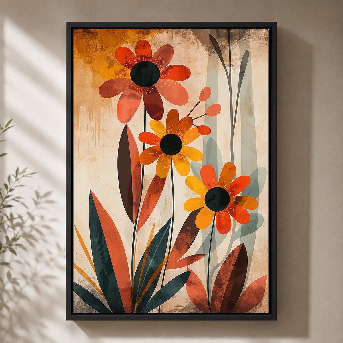 Mid Century Modern Floral Framed Canvas Art, Retro Botanical Framed Decor, Orange Flower Print by The Wall Art Studio - ph...