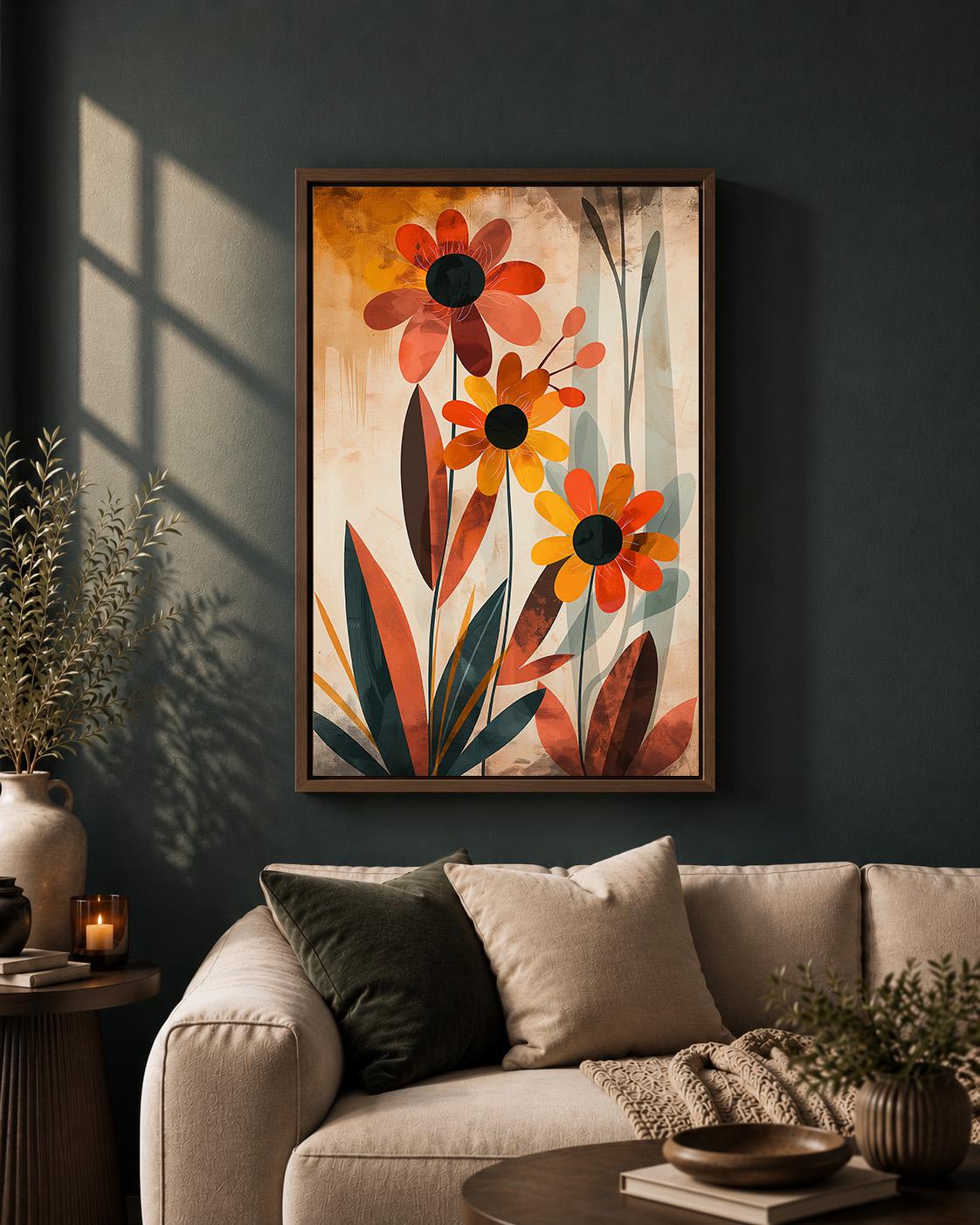 Mid Century Modern Floral Framed Canvas Art, Retro Botanical Framed Decor, Orange Flower Print by The Wall Art Studio - ph...