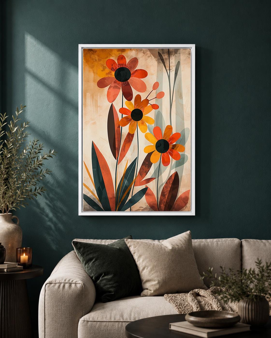 Mid Century Modern Floral Framed Canvas Art, Retro Botanical Framed Decor, Orange Flower Print by The Wall Art Studio - ph...