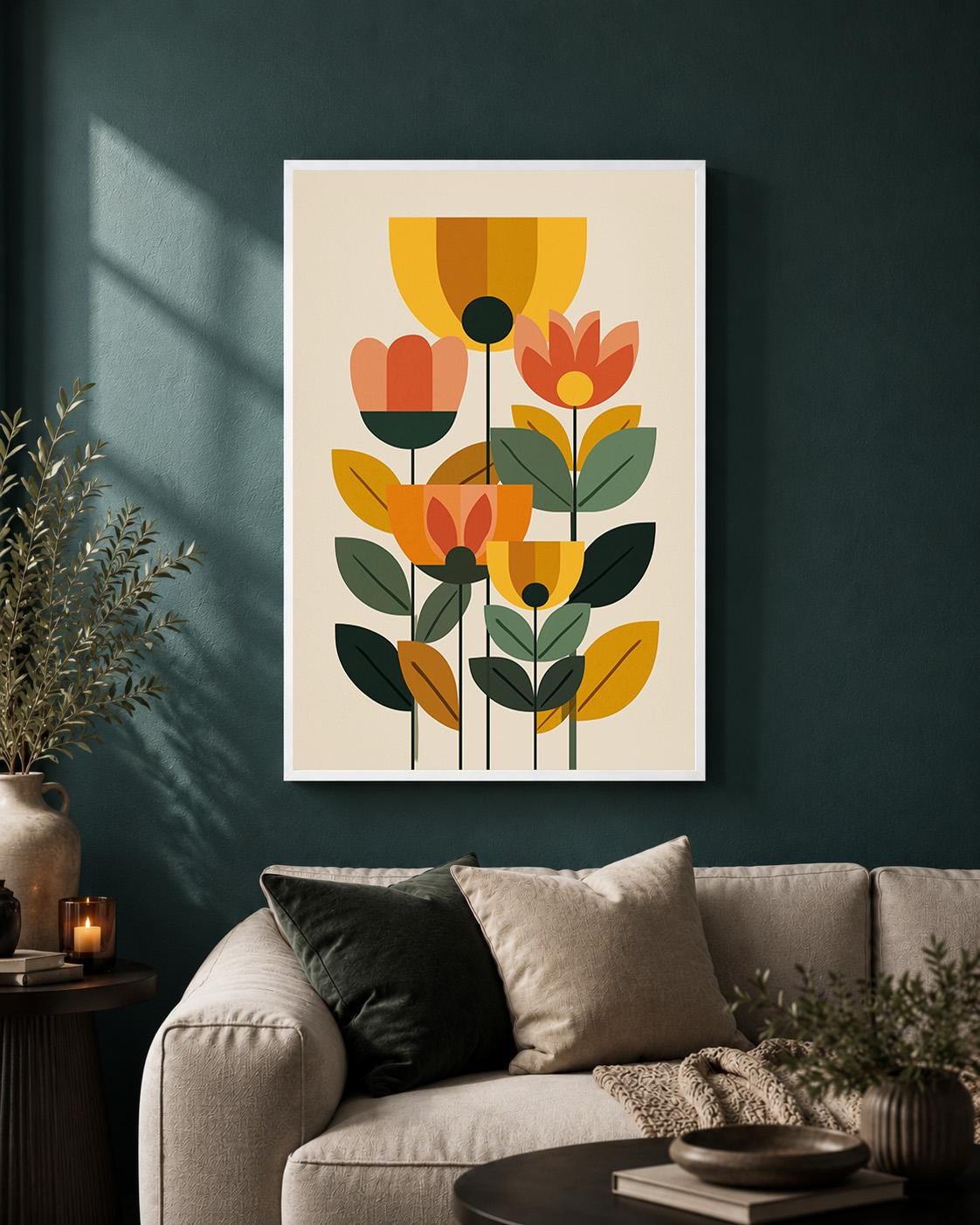 Mid Century Modern Floral Framed Canvas Art, Retro Scandinavian Flower Print, Botanical Decor by The Wall Art Studio - phy...