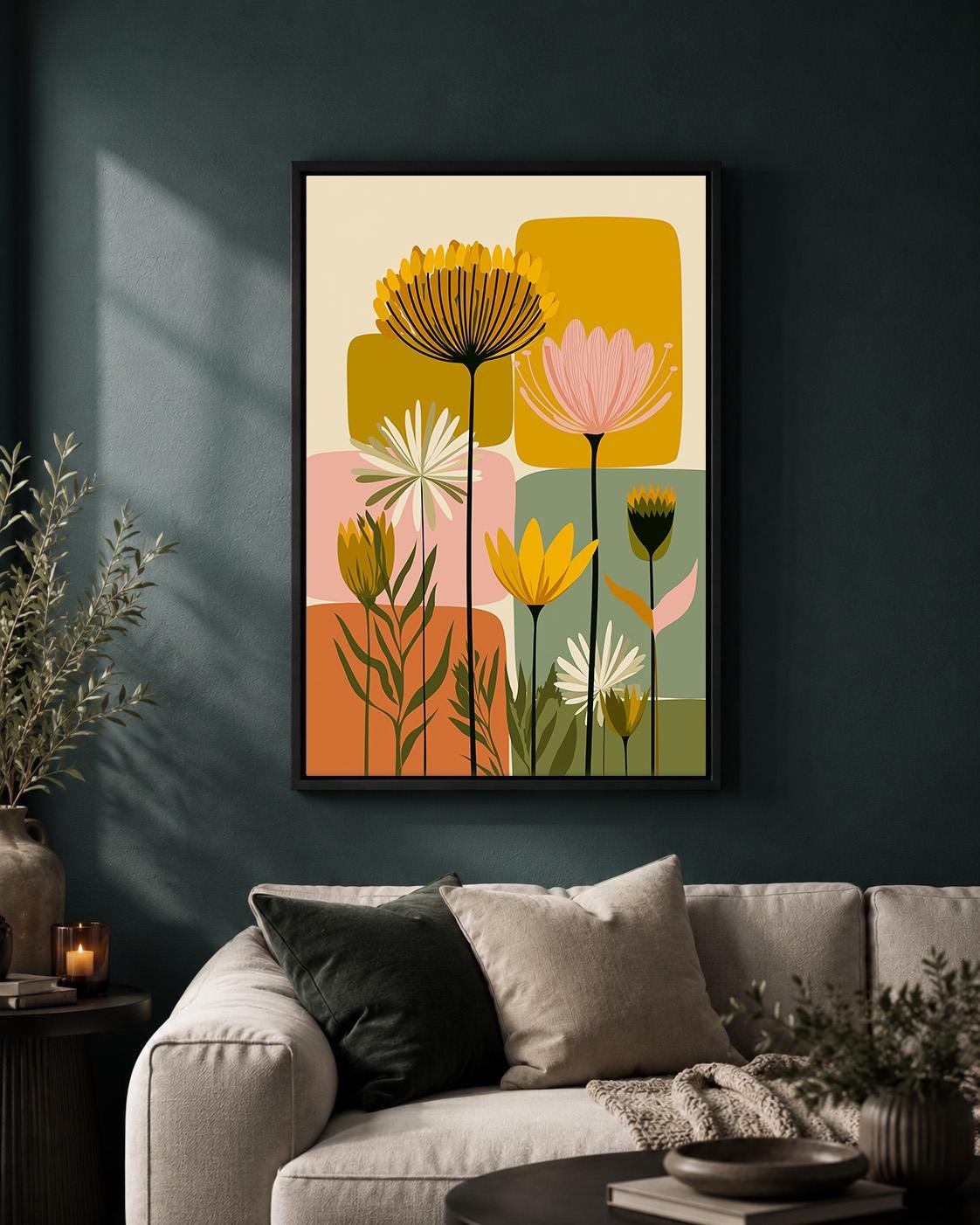 Mid Century Modern Floral Framed Canvas Art, Retro Scandinavian Flower Print, Botanical Decor by The Wall Art Studio - phy...