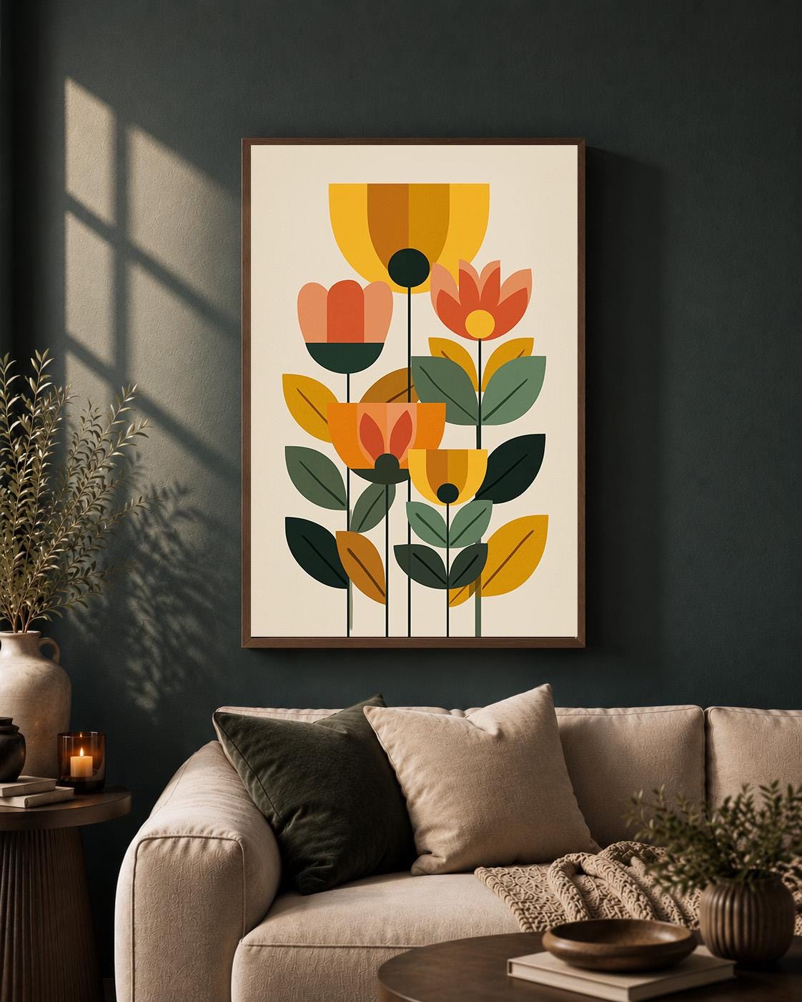 Mid Century Modern Floral Framed Canvas Art, Retro Scandinavian Flower Print, Botanical Decor by The Wall Art Studio - phy...