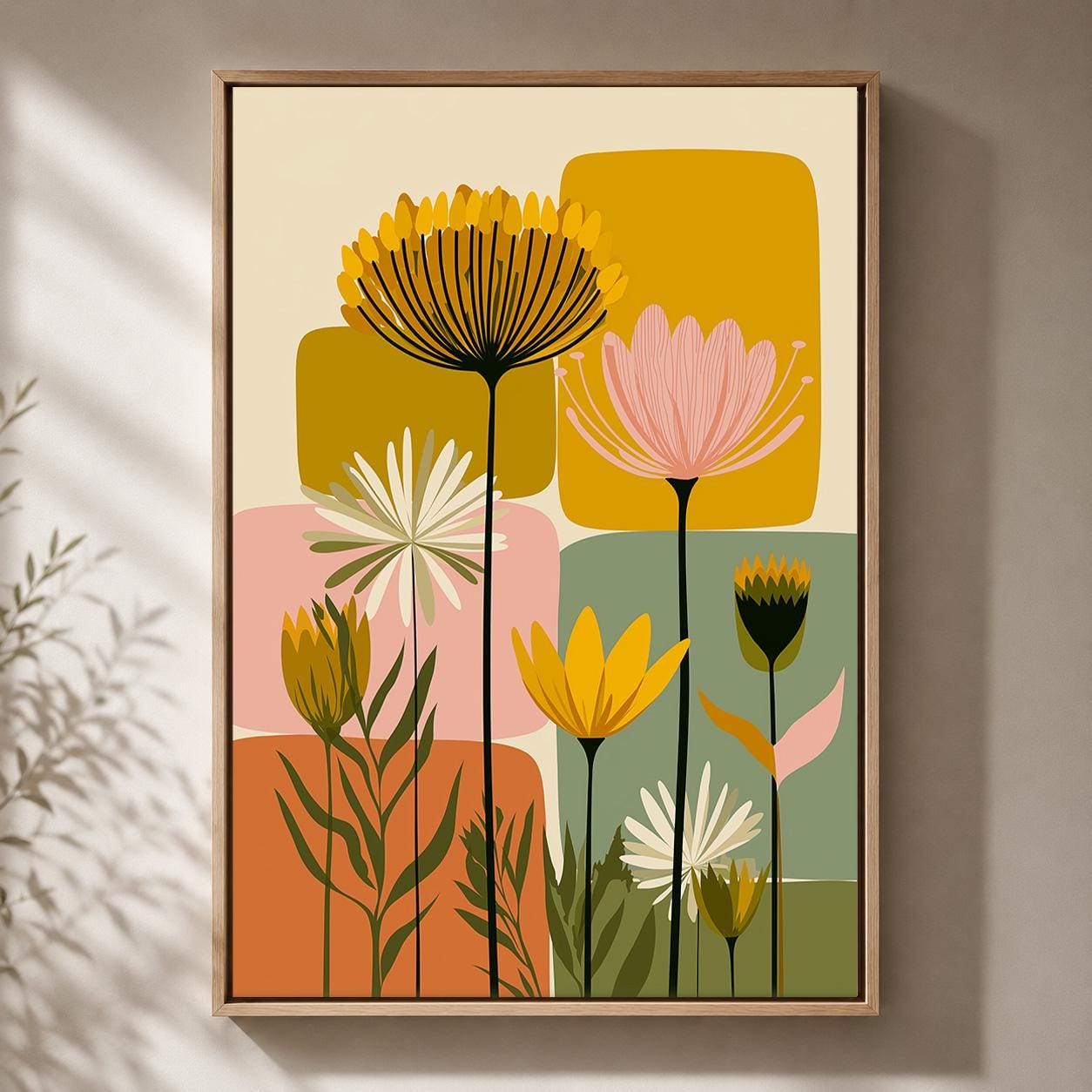 Mid Century Modern Floral Framed Canvas Art, Retro Scandinavian Flower Print, Botanical Decor by The Wall Art Studio - phy...