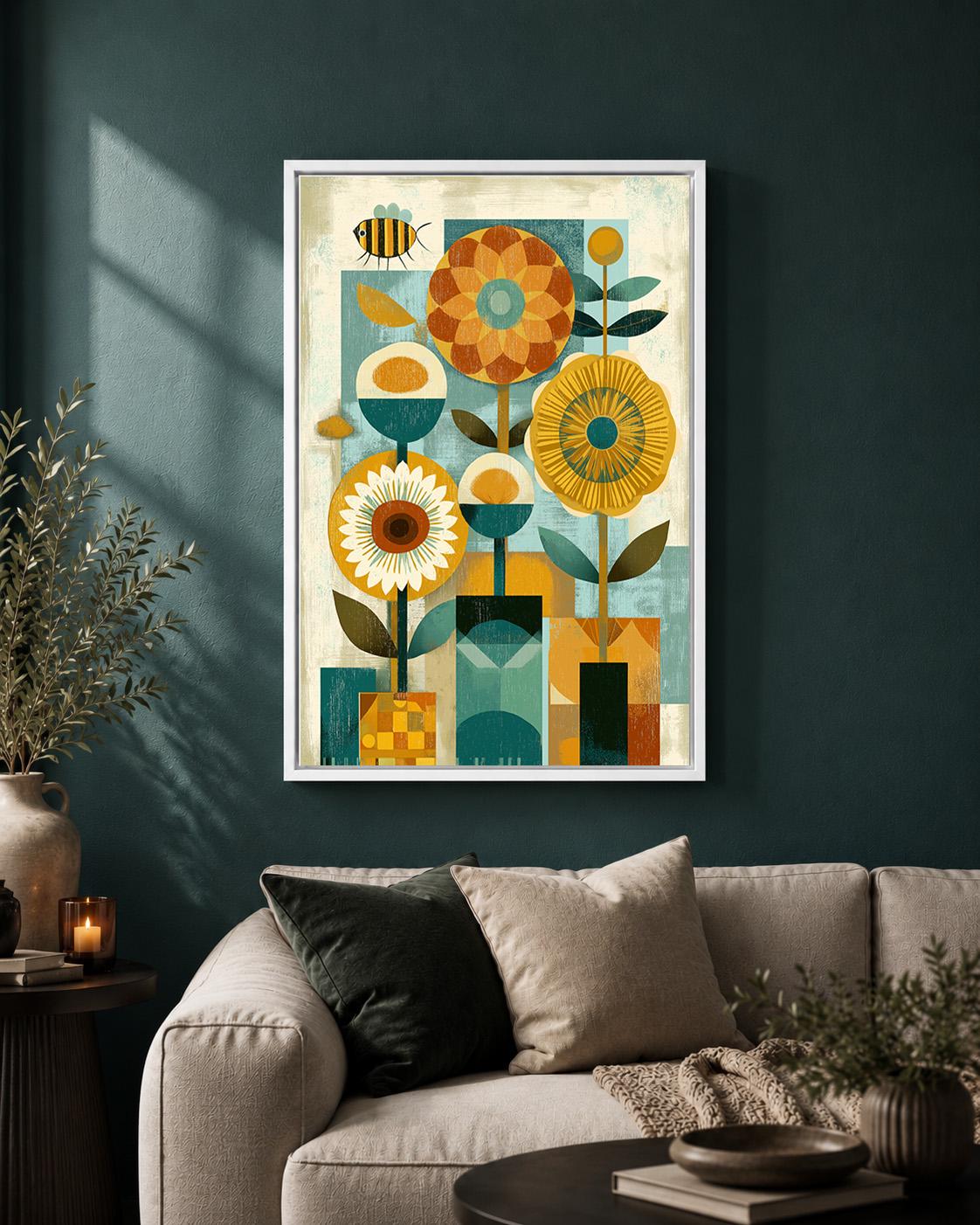 Mid Century Modern Floral Framed Canvas Art, Retro Scandinavian Flower Print, Geometric Botanical Decor by The Wall Art St...
