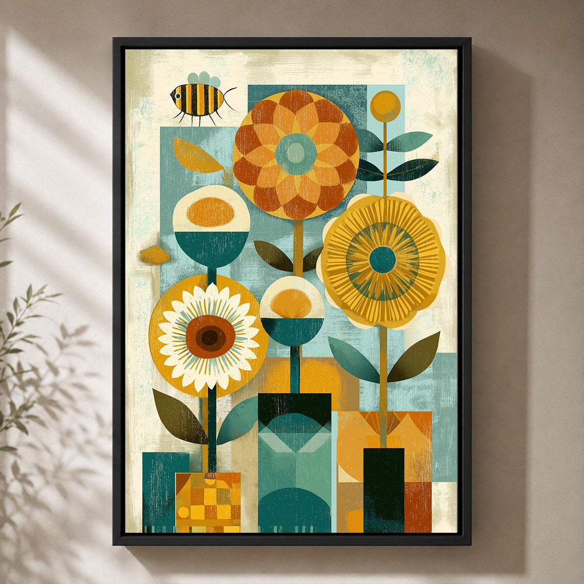 Mid Century Modern Floral Framed Canvas Art, Retro Scandinavian Flower Print, Geometric Botanical Decor by The Wall Art St...