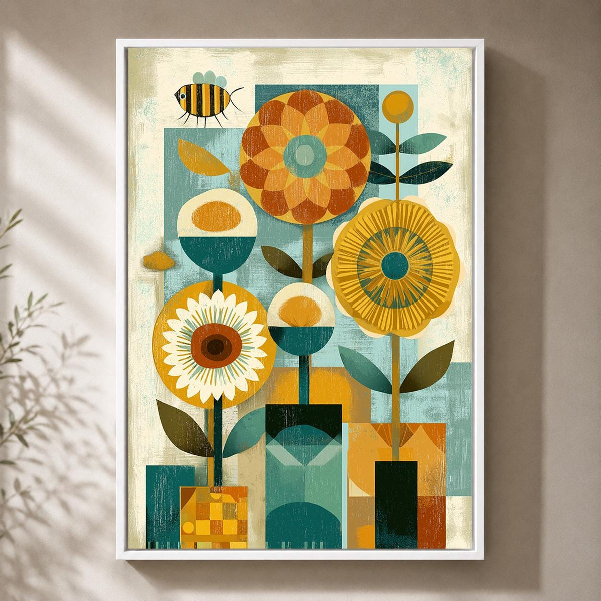 Mid Century Modern Floral Framed Canvas Art, Retro Scandinavian Flower Print, Geometric Botanical Decor by The Wall Art St...