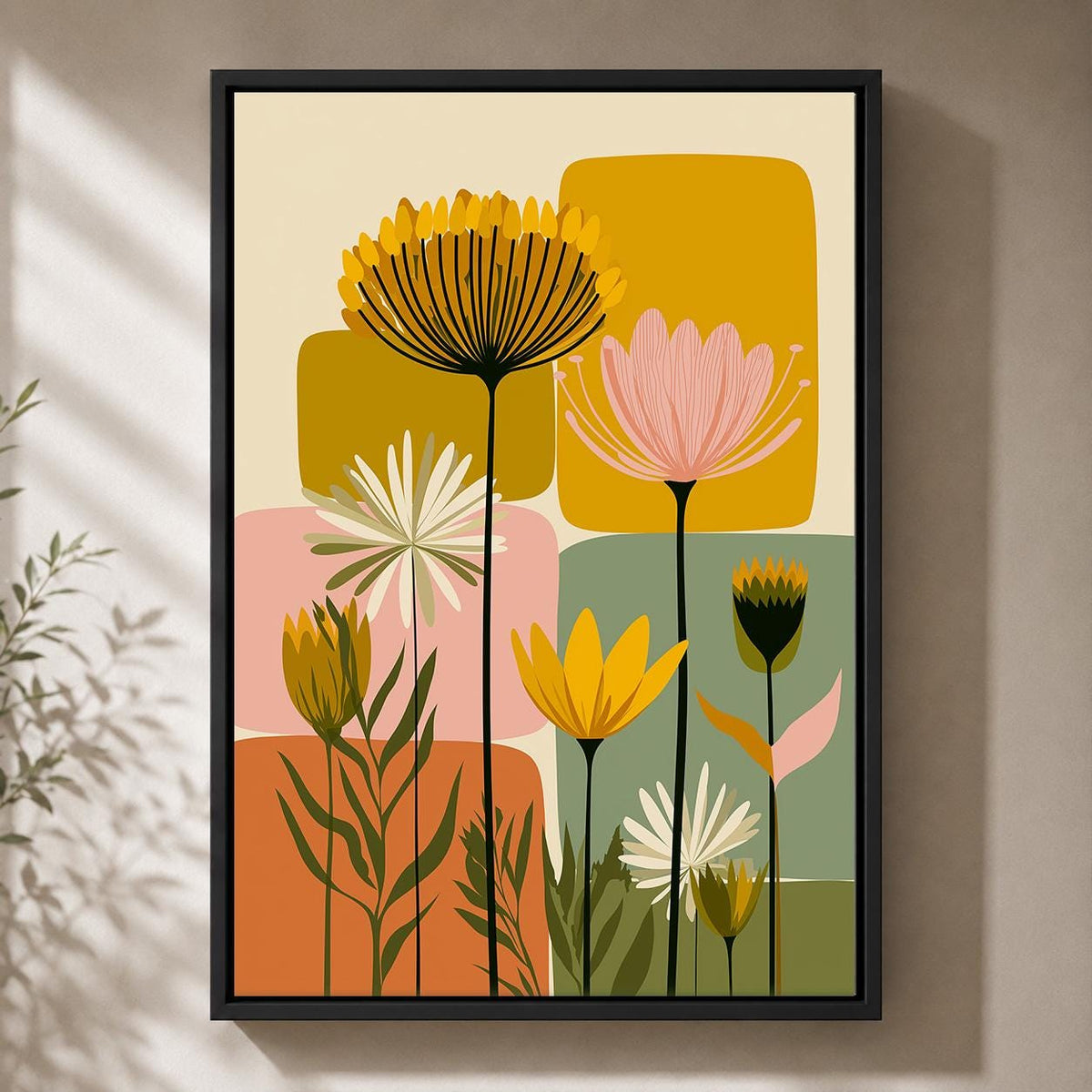 Mid Century Modern Floral Framed Canvas Art, Retro Scandinavian Flower Print, Botanical Decor by The Wall Art Studio - phy...